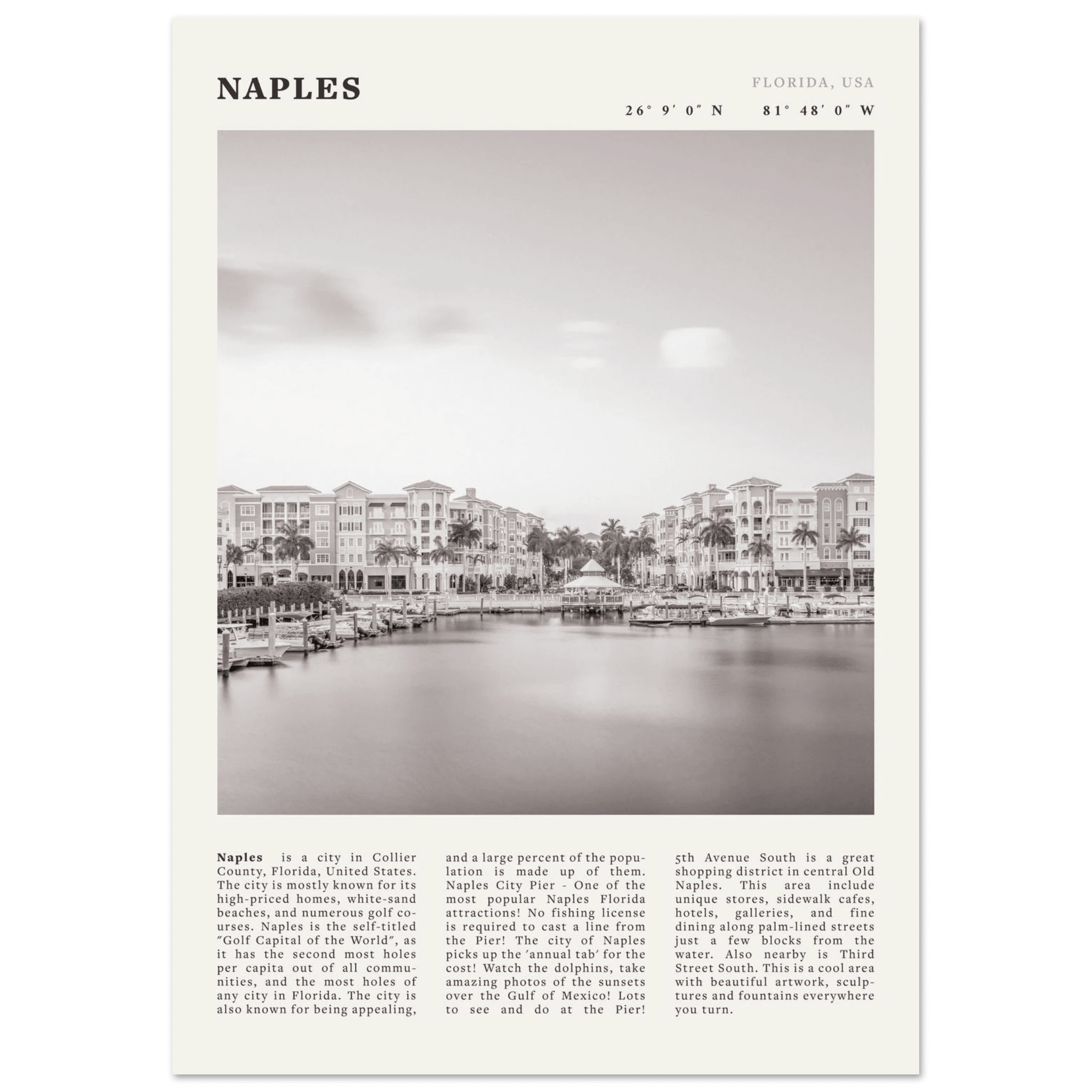 Naples Florida Poster | Black & White Gulf Coast Wall Art | FL Travel Print - Evergreen Posters
