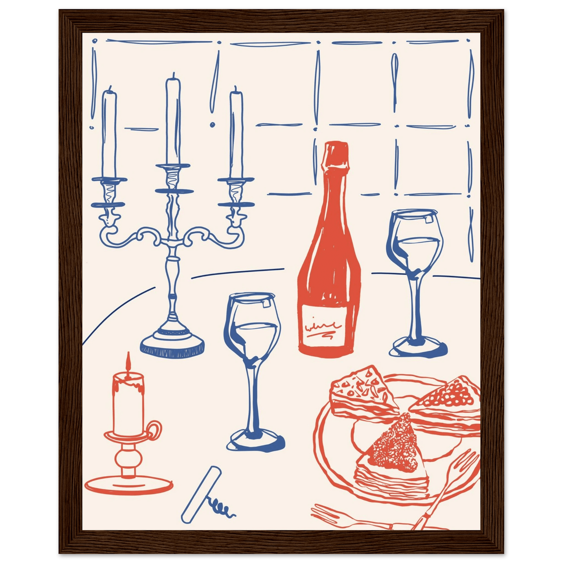 Candlelight Dinner Print | Wine & Candelabra Line Art Wall Art | Kitchen Poster - Evergreen Posters