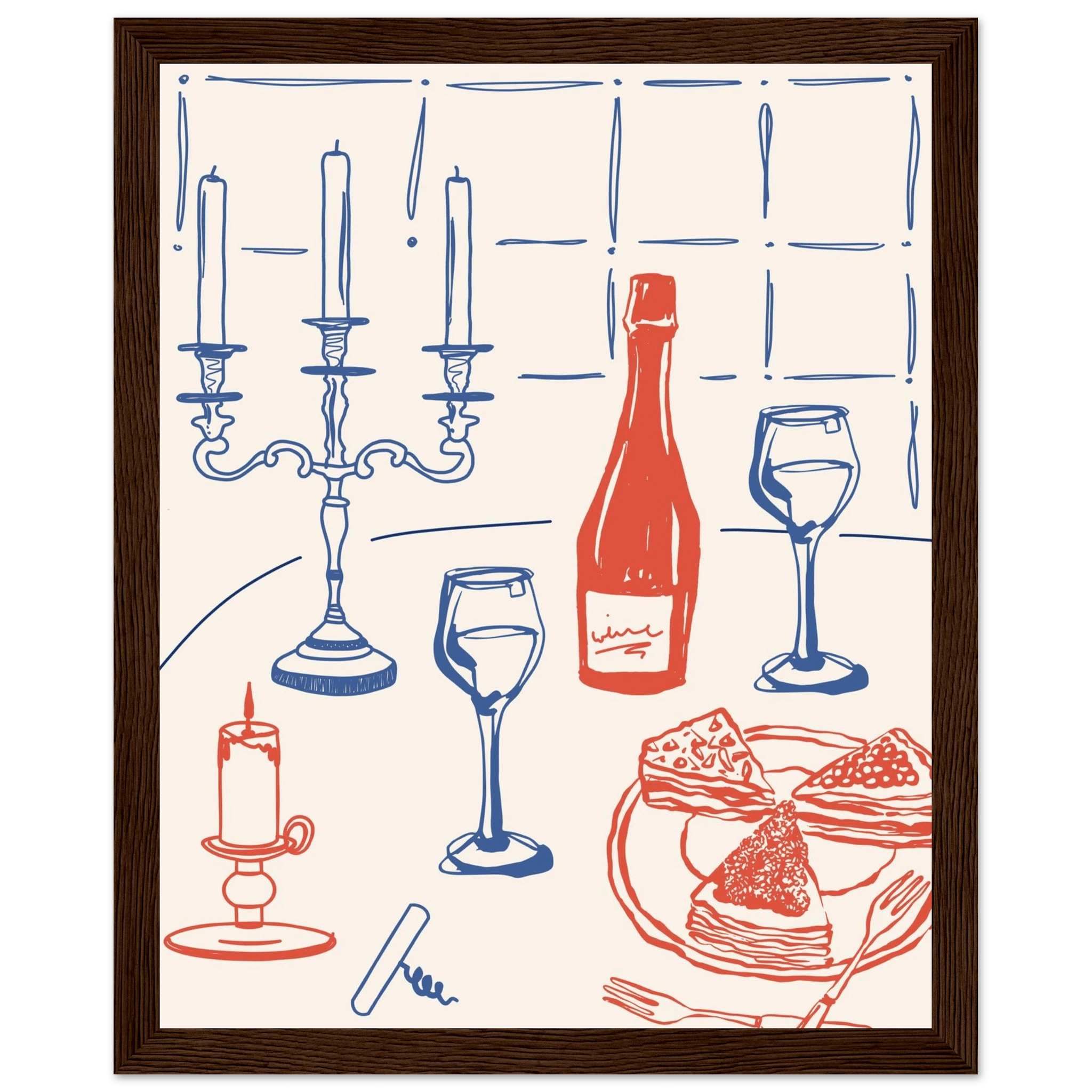 Candlelight Dinner Print | Wine & Candelabra Line Art Wall Art | Kitchen Poster - Evergreen Posters
