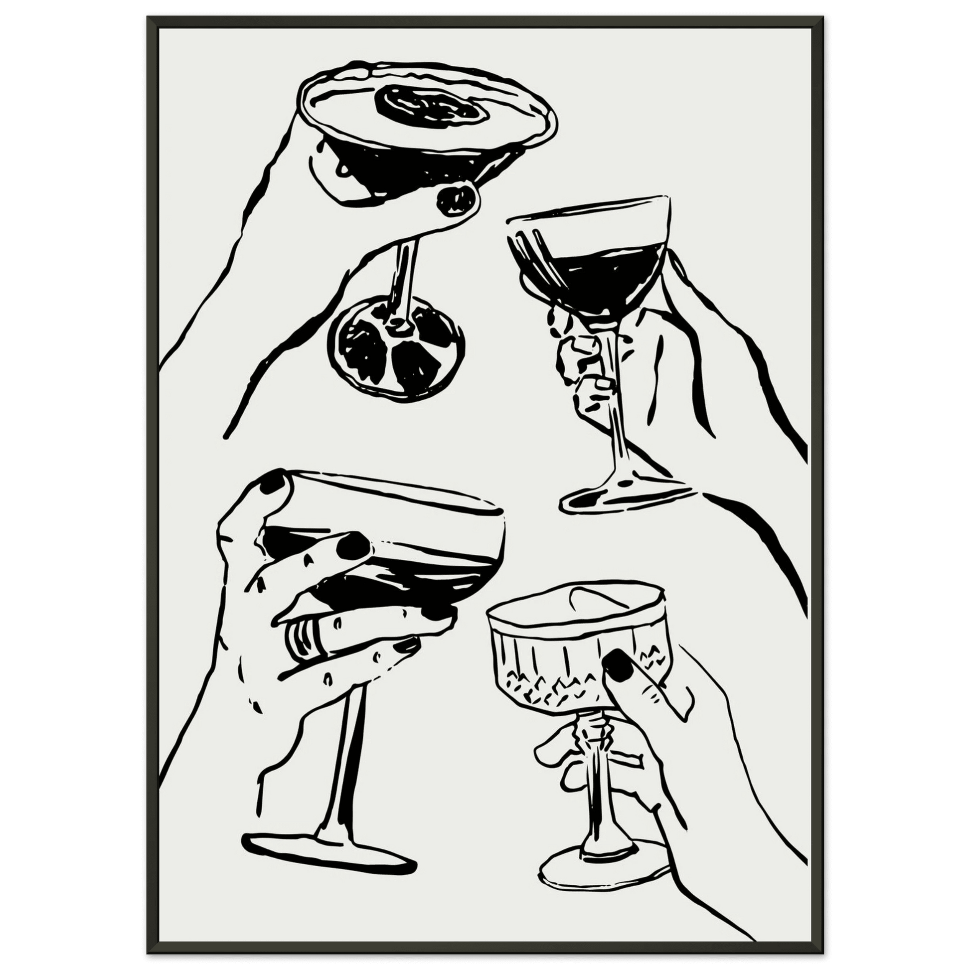 Cheers Print | Black Line Art Cocktail Glasses Wall Art | Kitchen Bar Poster - Evergreen Posters