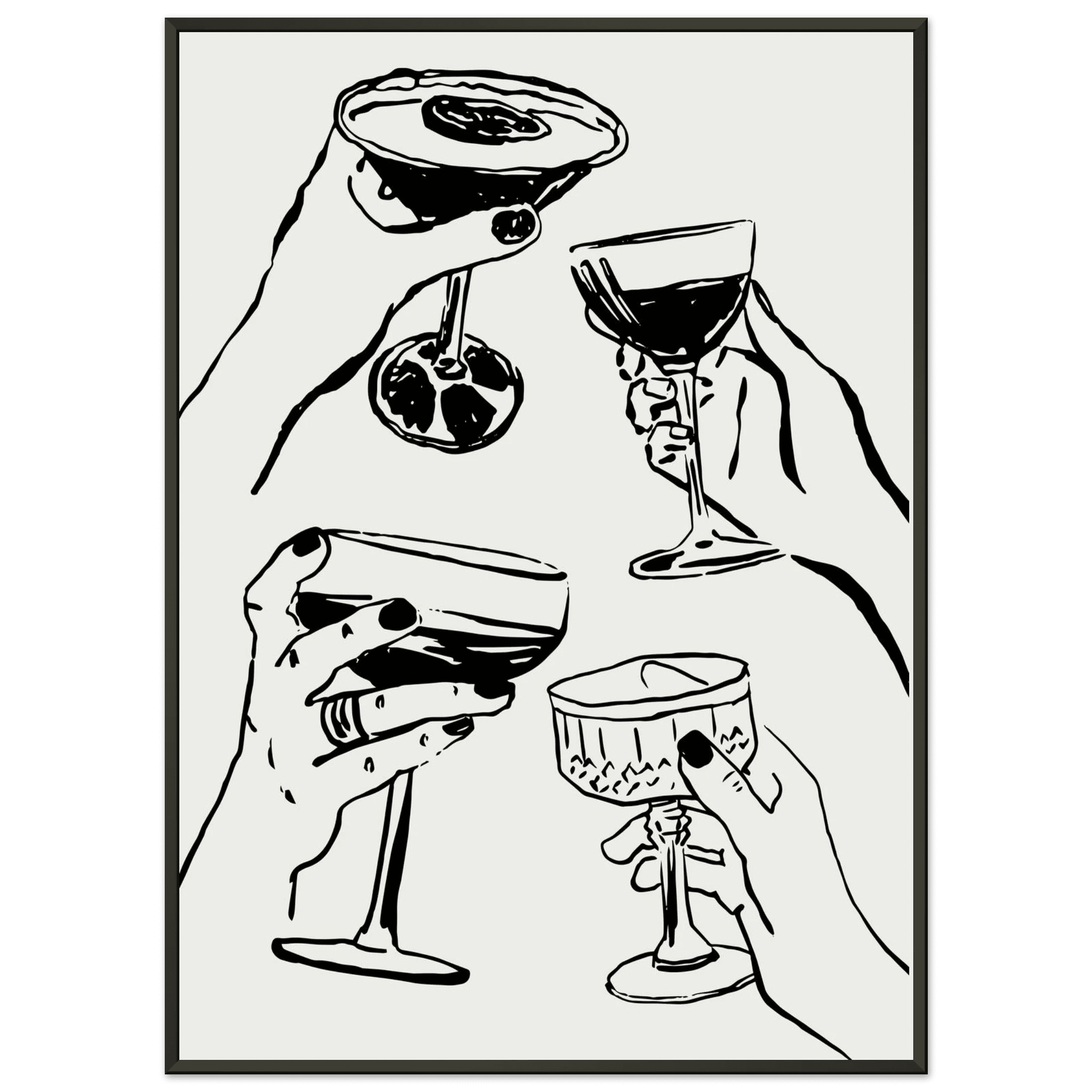 Cheers Print | Black Line Art Cocktail Glasses Wall Art | Kitchen Bar Poster - Evergreen Posters