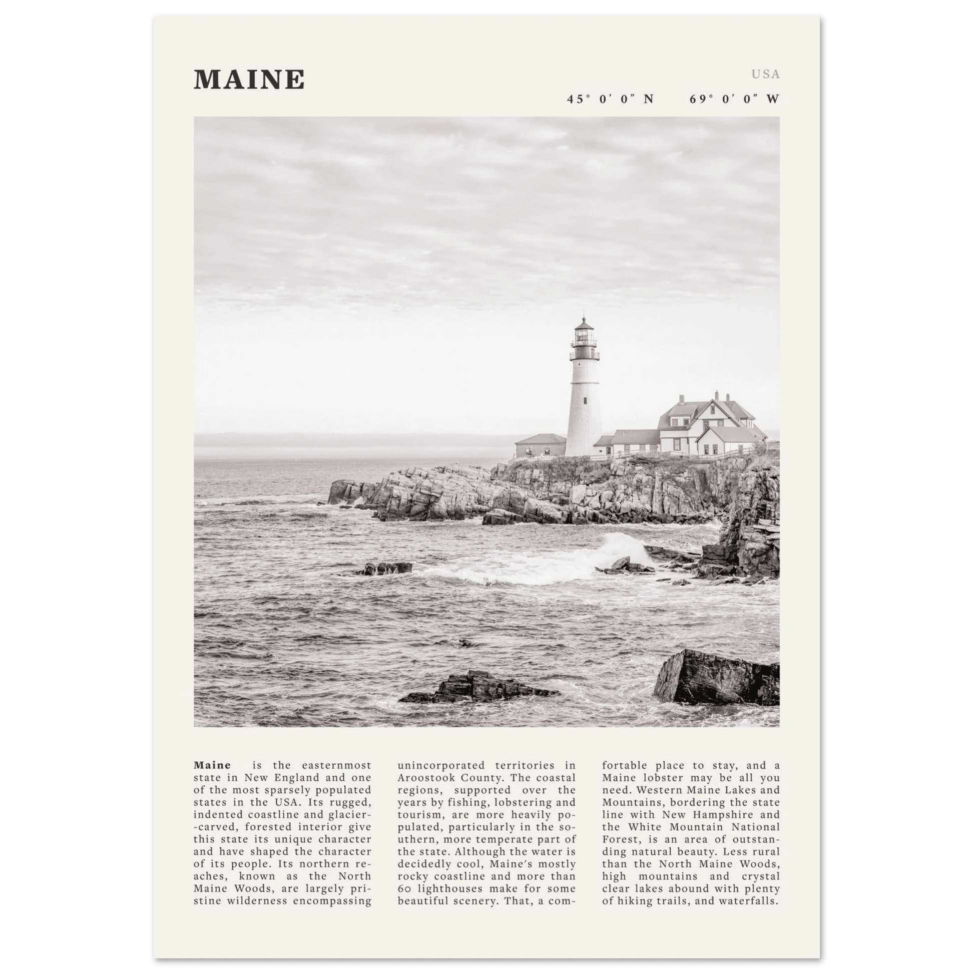 Maine Poster | Black & White Lighthouse Wall Art | New England Coastal Travel Print - Evergreen Posters