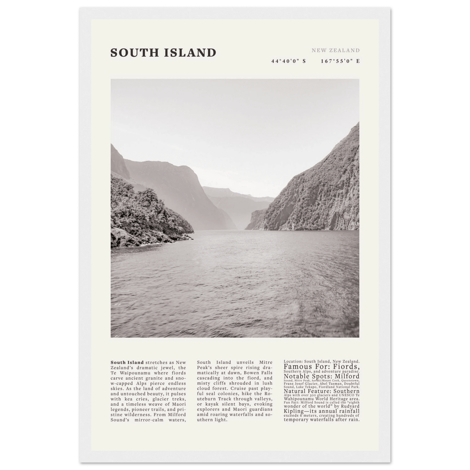 South Island New Zealand Poster Black and White – Vintage Milford Sound Fjord Print - Evergreen Posters
