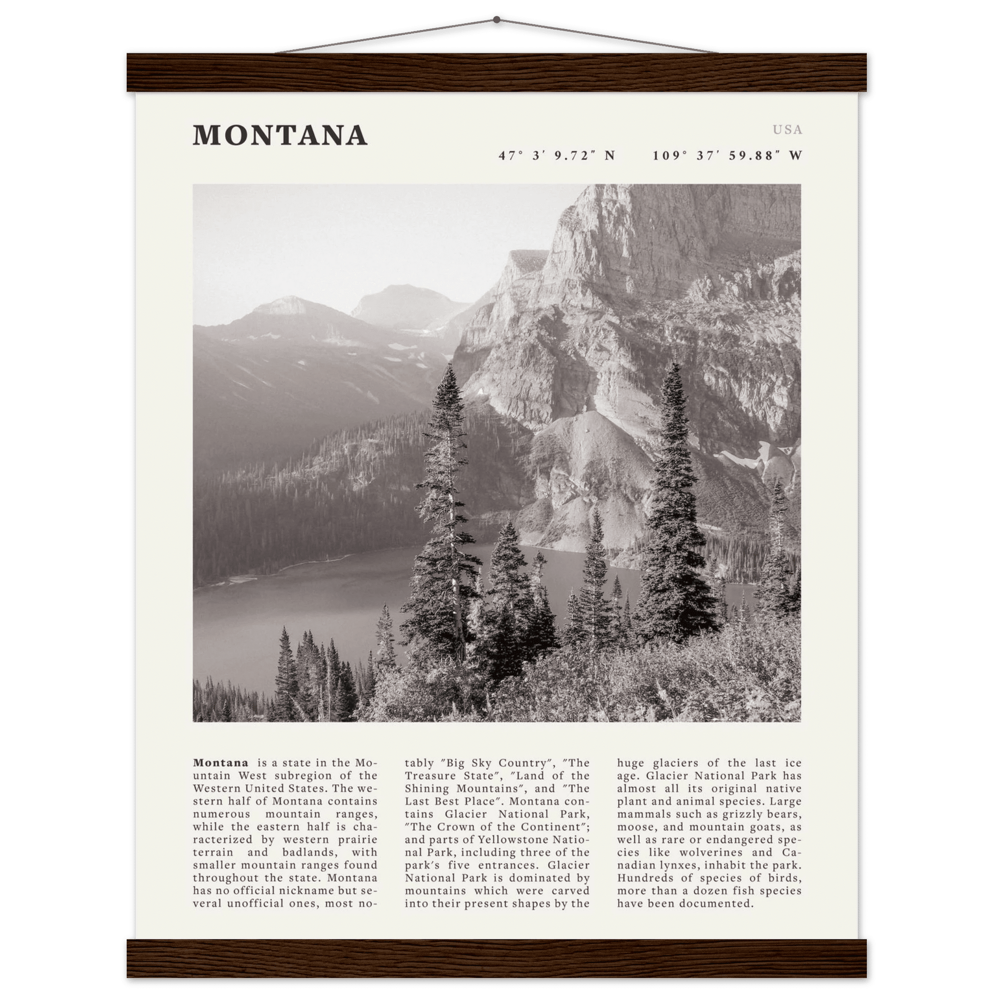 Montana Poster | Black & White Glacier National Park Wall Art | Nature Travel Print - Evergreen Posters