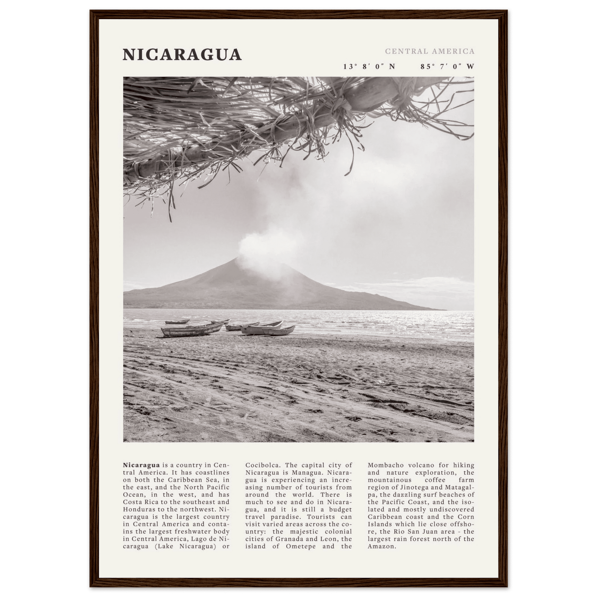 Nicaragua Poster | Black & White Volcano Wall Art | Central America Travel Print - Evergreen Posters