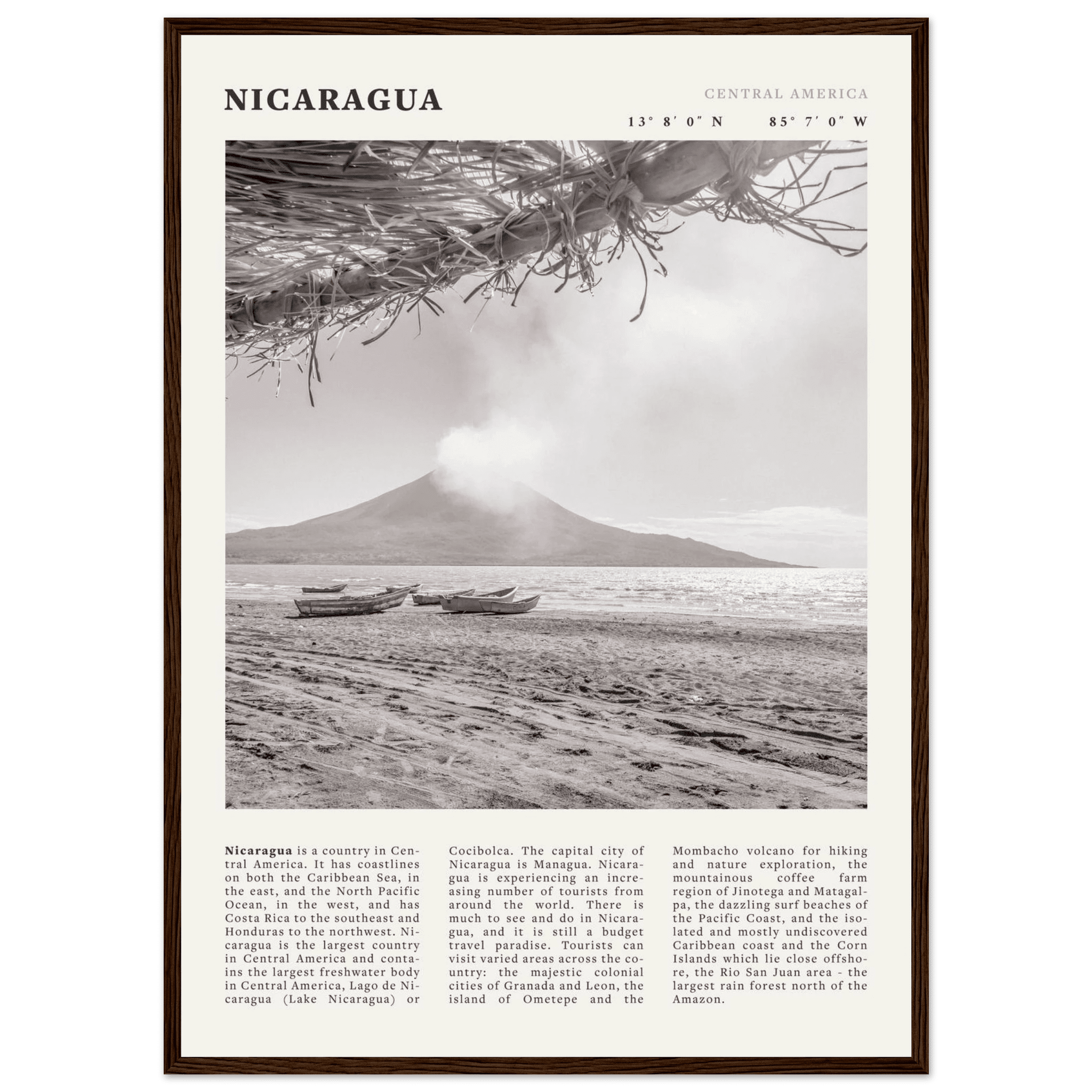 Nicaragua Poster | Black & White Volcano Wall Art | Central America Travel Print - Evergreen Posters
