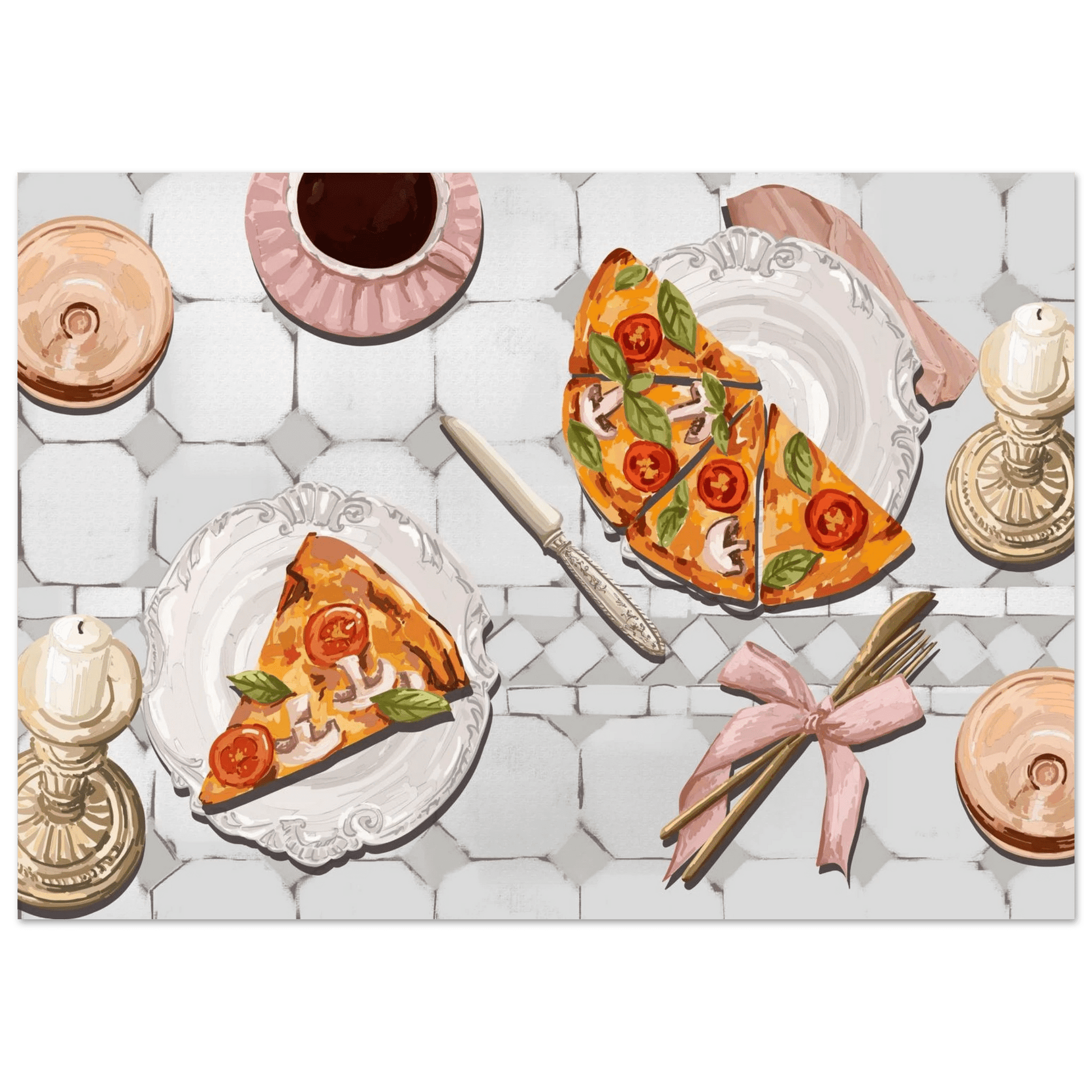 Pizza & Tea Kitchen Poster | Horizontal Food Wall Art | Italian Dining Room Print - Evergreen Posters