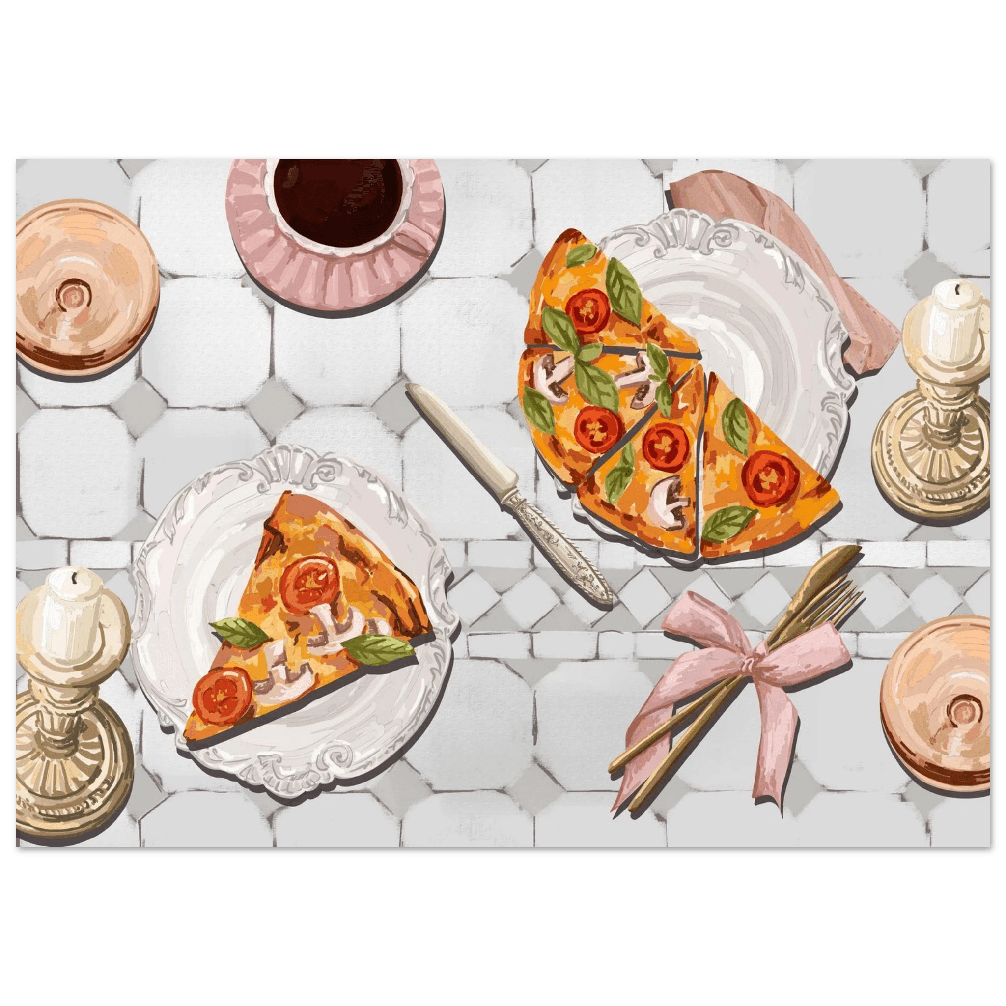 Pizza & Tea Kitchen Poster | Horizontal Food Wall Art | Italian Dining Room Print - Evergreen Posters