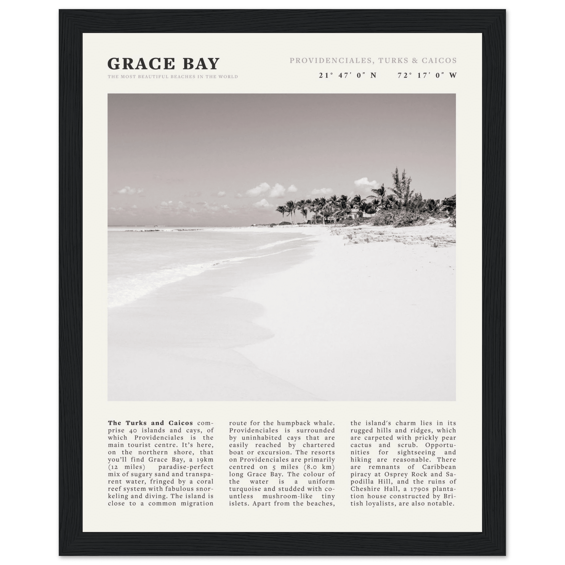 Grace Bay Poster | Black & White Turks & Caicos Wall Art | Caribbean Beach Print - Evergreen Posters