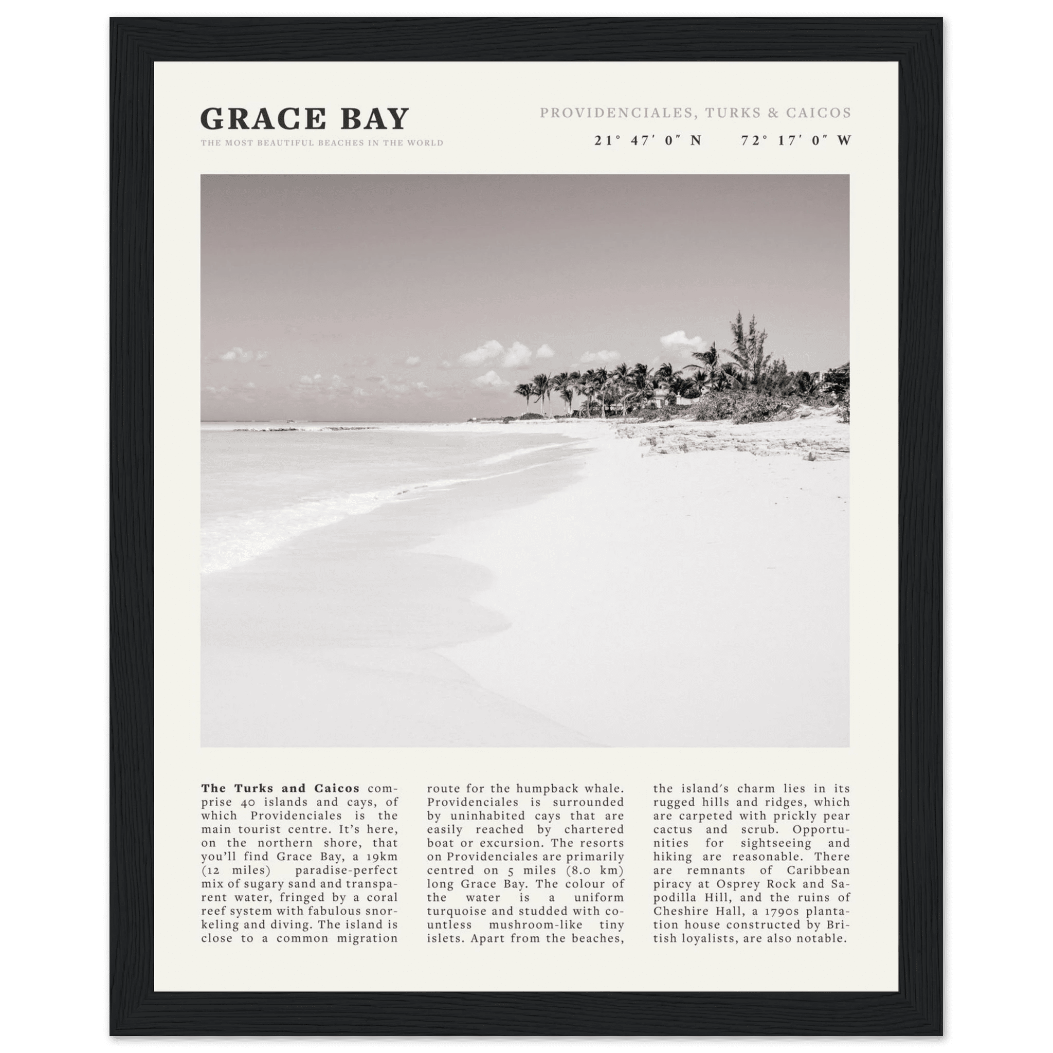 Grace Bay Poster | Black & White Turks & Caicos Wall Art | Caribbean Beach Print - Evergreen Posters