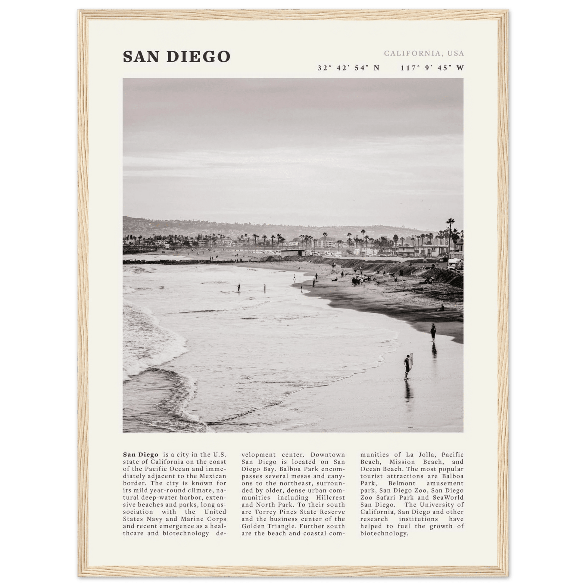 San Diego Poster | Black & White California Beach Wall Art | Coastal Travel Print Decor - Evergreen Posters