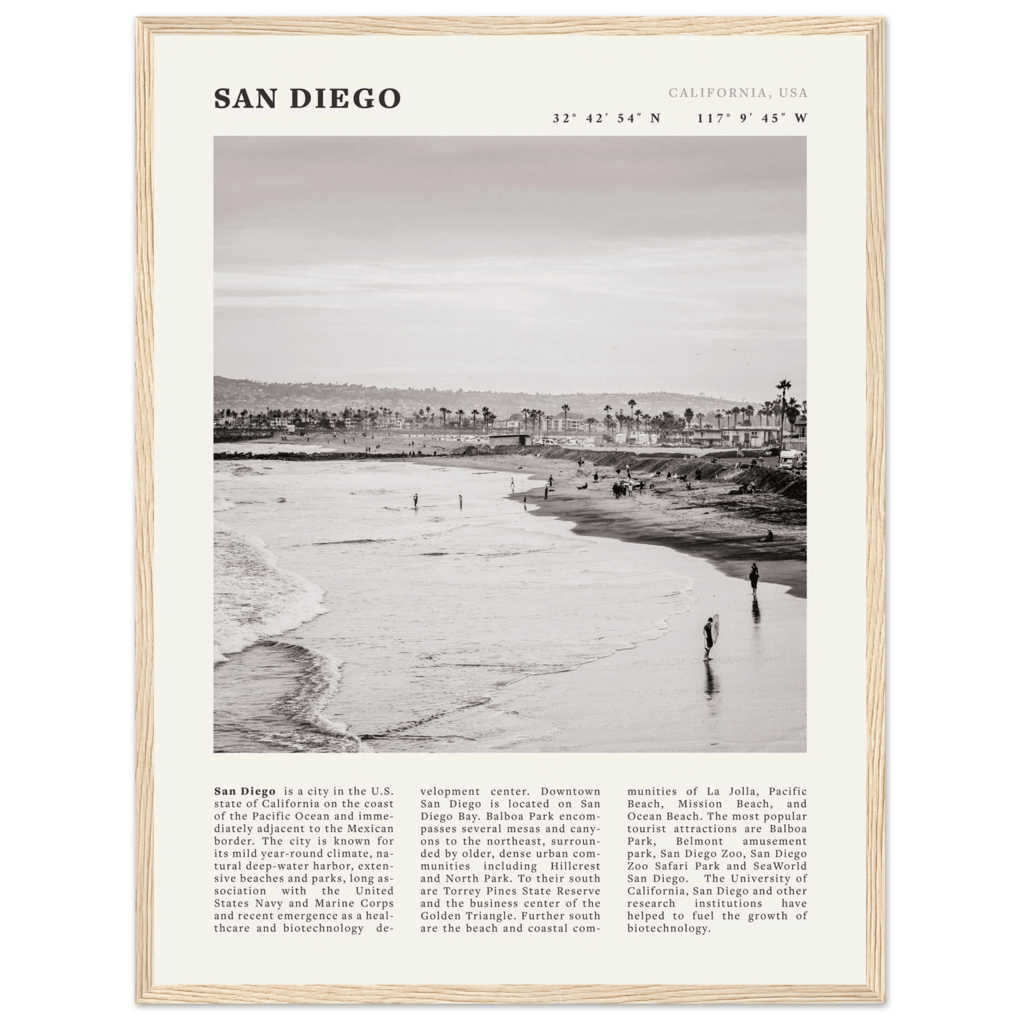 San Diego Poster | Black & White California Beach Wall Art | Coastal Travel Print Decor - Evergreen Posters