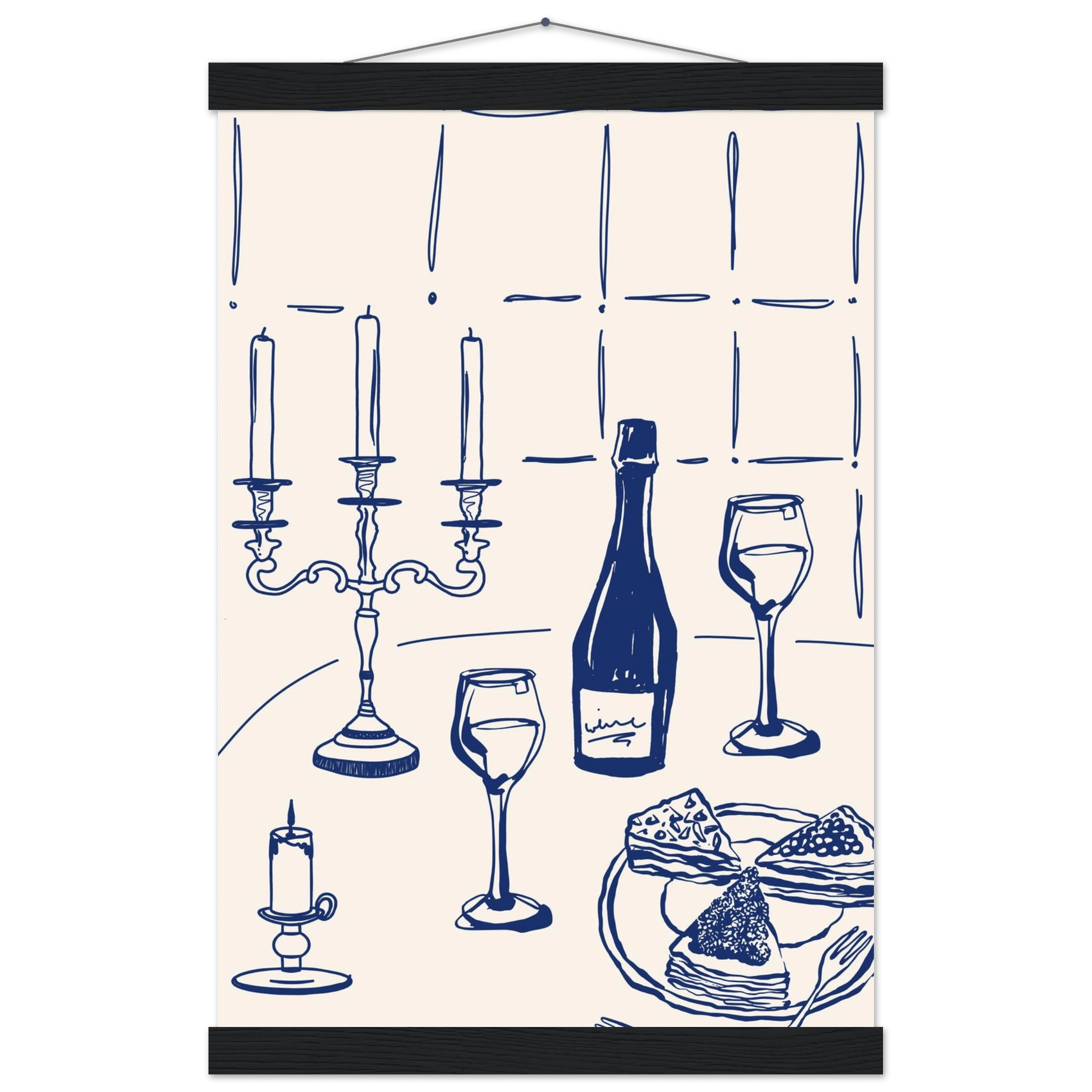 Candlelight Dinner Print | Navy Blue Wine & Candelabra Line Art | Kitchen Poster - Evergreen Posters
