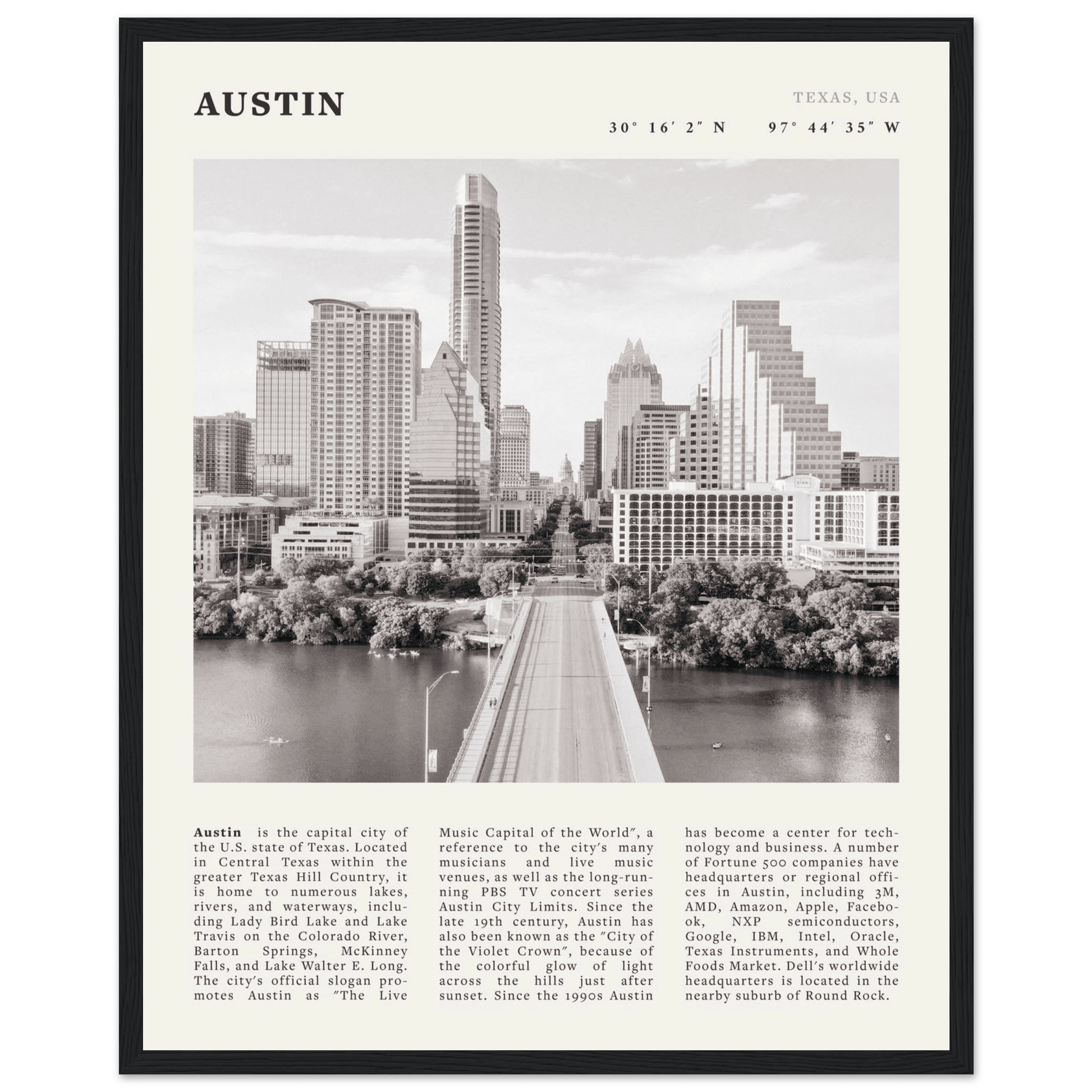 Austin Poster | Black & White Texas Skyline Wall Art | City Travel Print Decor - Evergreen Posters
