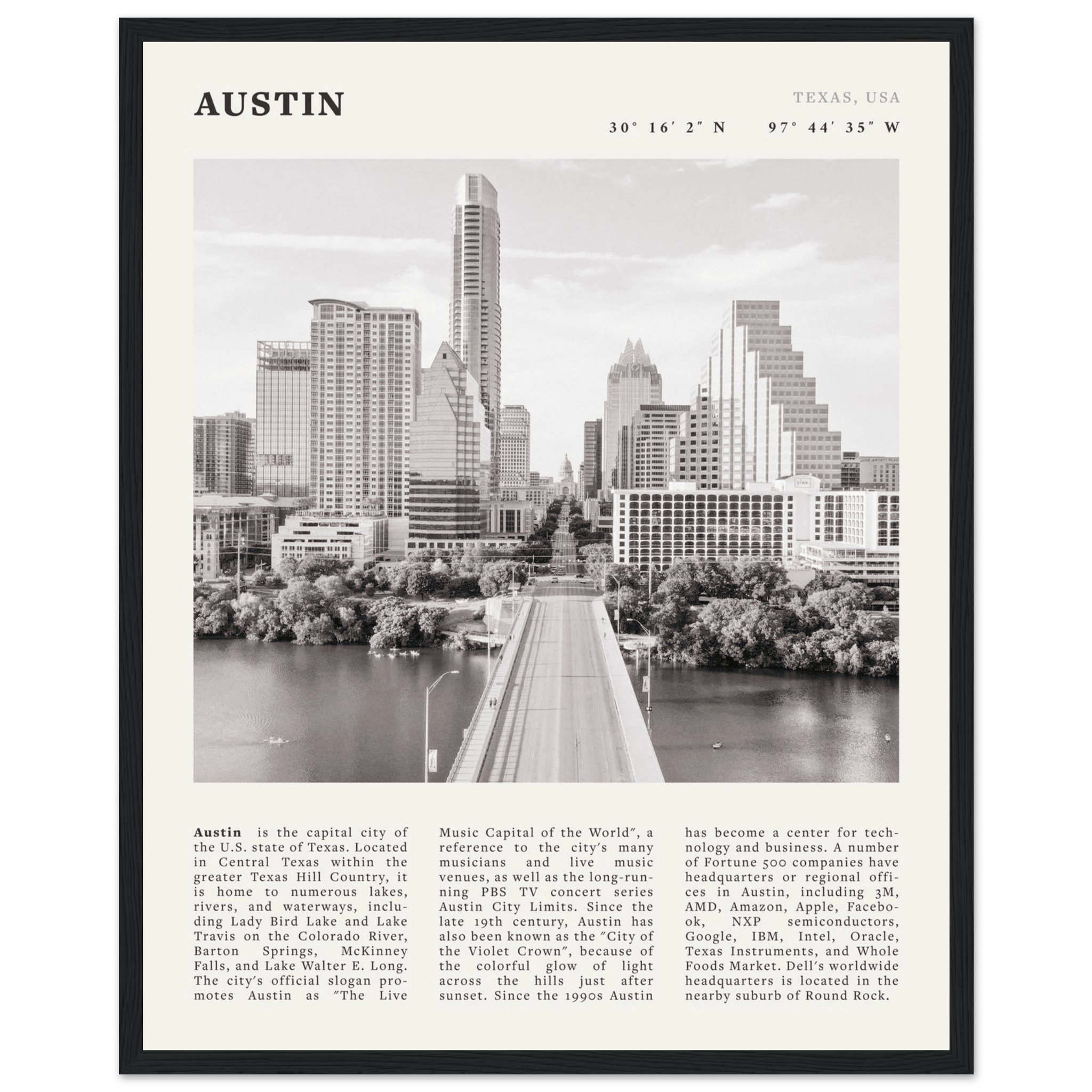 Austin Poster | Black & White Texas Skyline Wall Art | City Travel Print Decor - Evergreen Posters