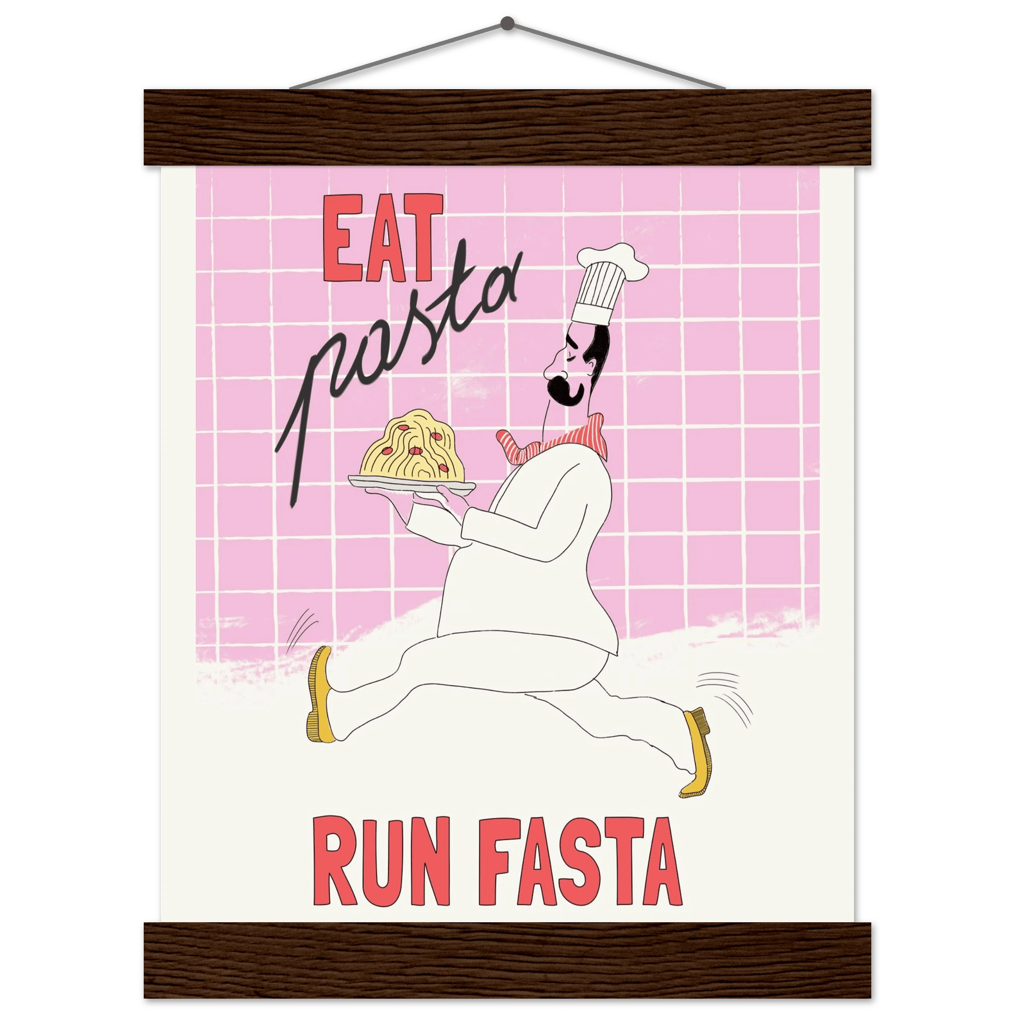 Eat Pasta Run Fasta Poster – Playful Kitchen Wall Art Print (Light Pink) - Evergreen Posters