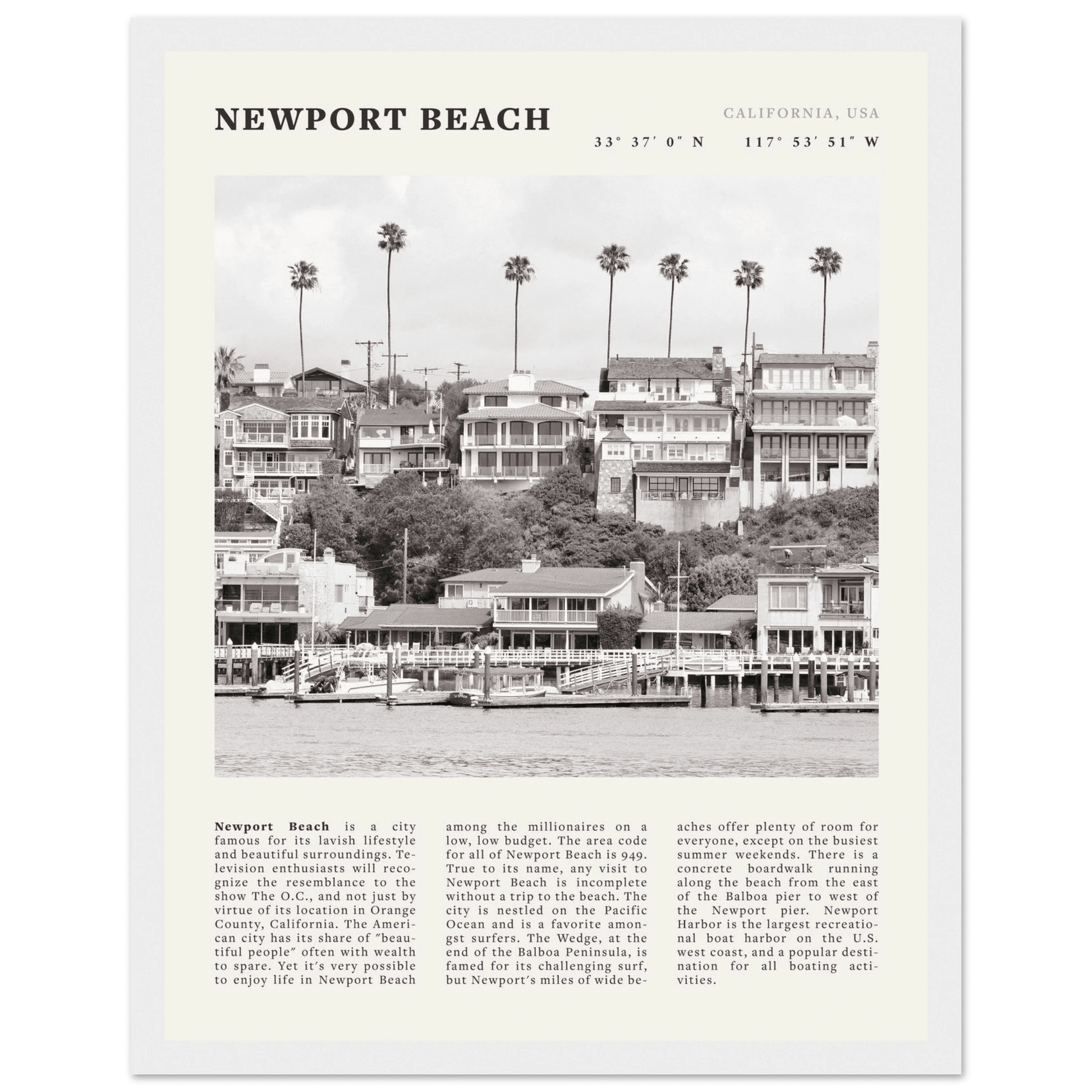 Newport Beach Poster | Black & White California Harbor Wall Art | Coastal Print - Evergreen Posters