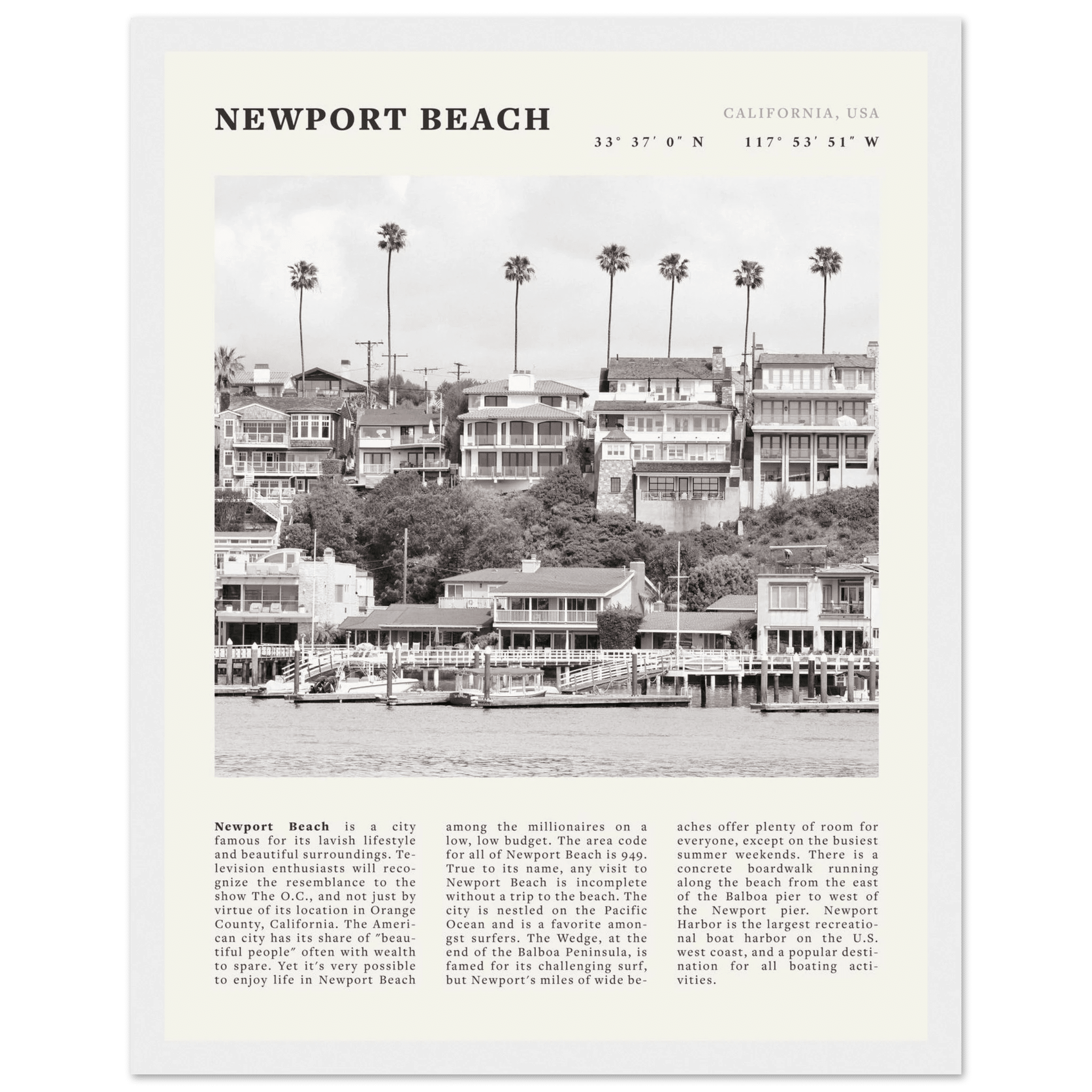 Newport Beach Poster | Black & White California Harbor Wall Art | Coastal Print - Evergreen Posters