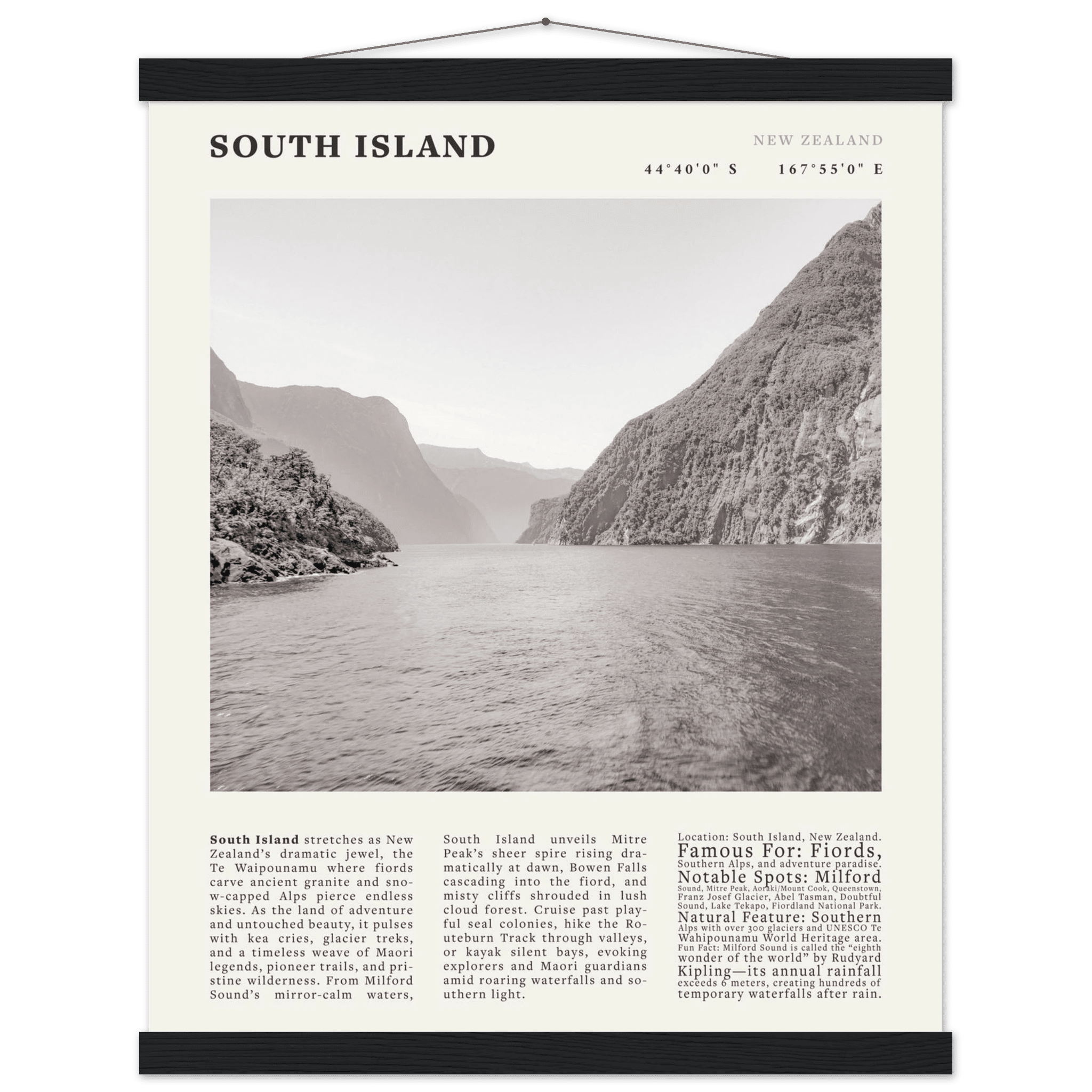 South Island New Zealand Poster Black and White – Vintage Milford Sound Fjord Print - Evergreen Posters