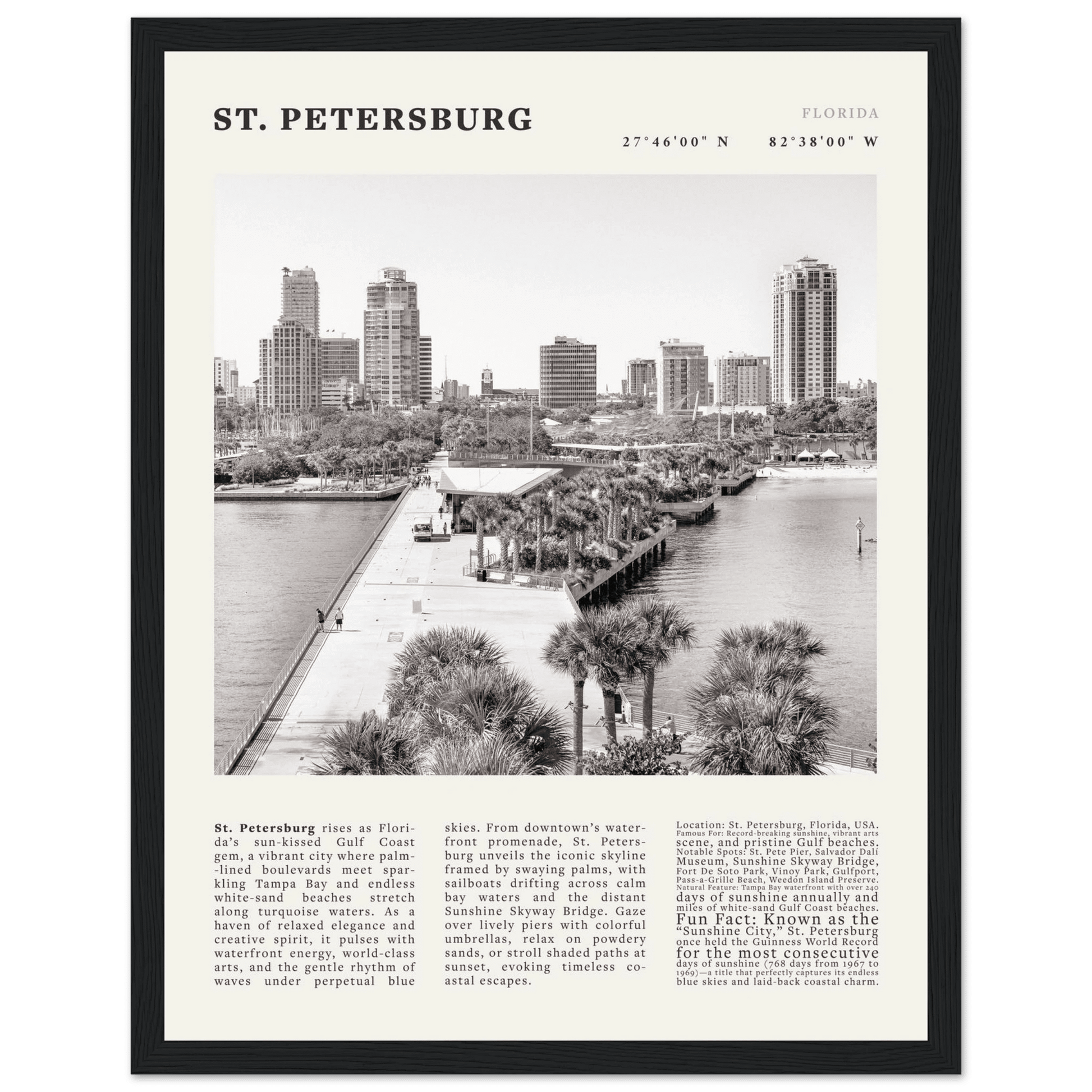St. Petersburg Florida Poster Black and White – Vintage St Pete Skyline Print (Digital & Printed Options) - Evergreen Posters