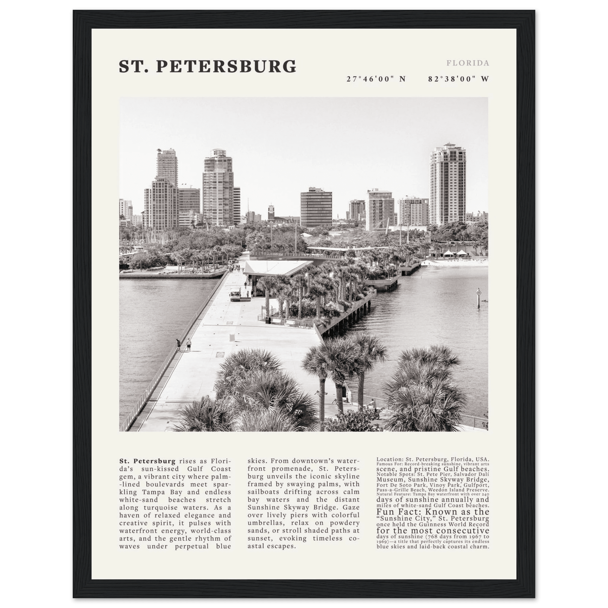 St. Petersburg Florida Poster Black and White – Vintage St Pete Skyline Print (Digital & Printed Options) - Evergreen Posters
