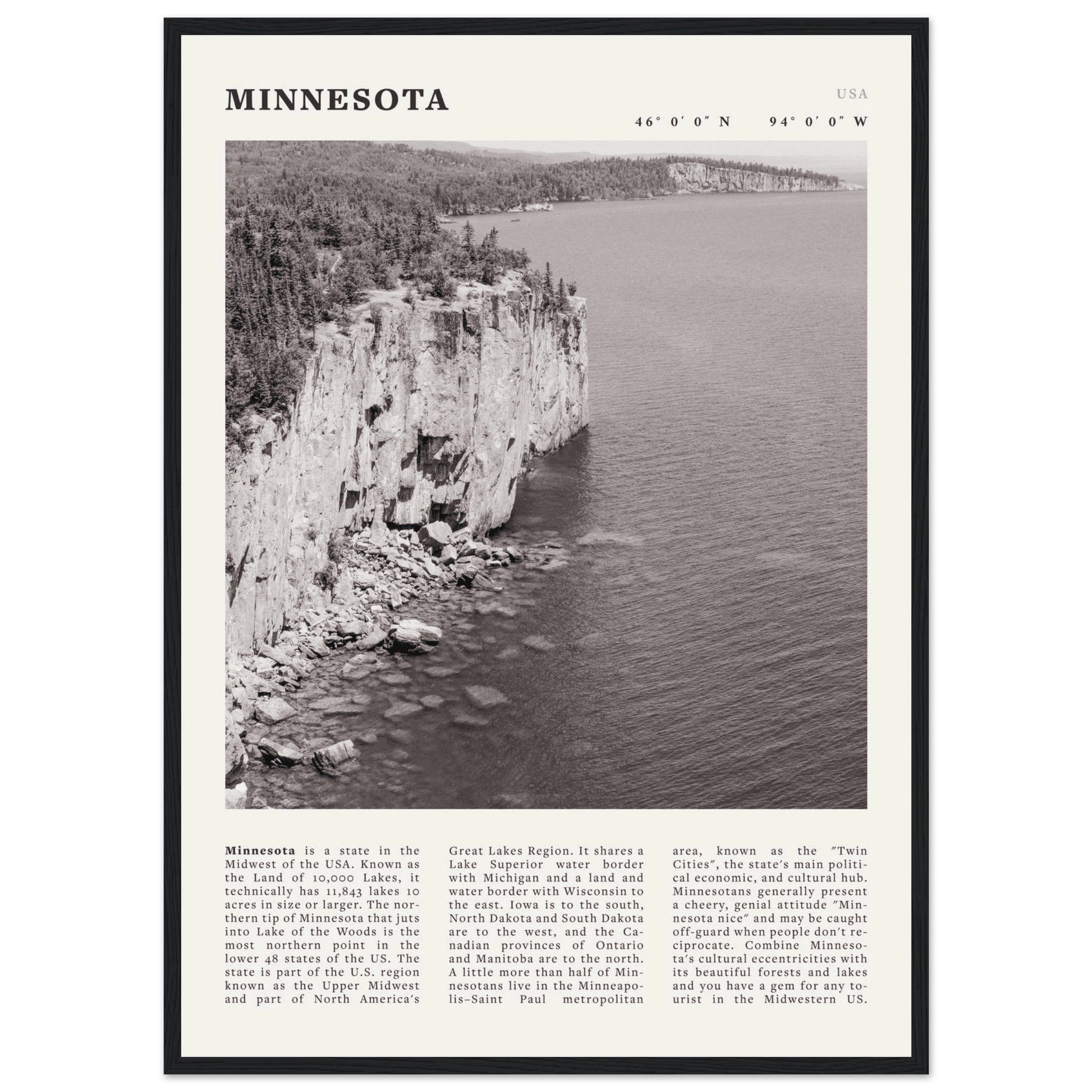 Minnesota Poster | Black & White Lake Superior Wall Art | USA Nature Travel Print - Evergreen Posters