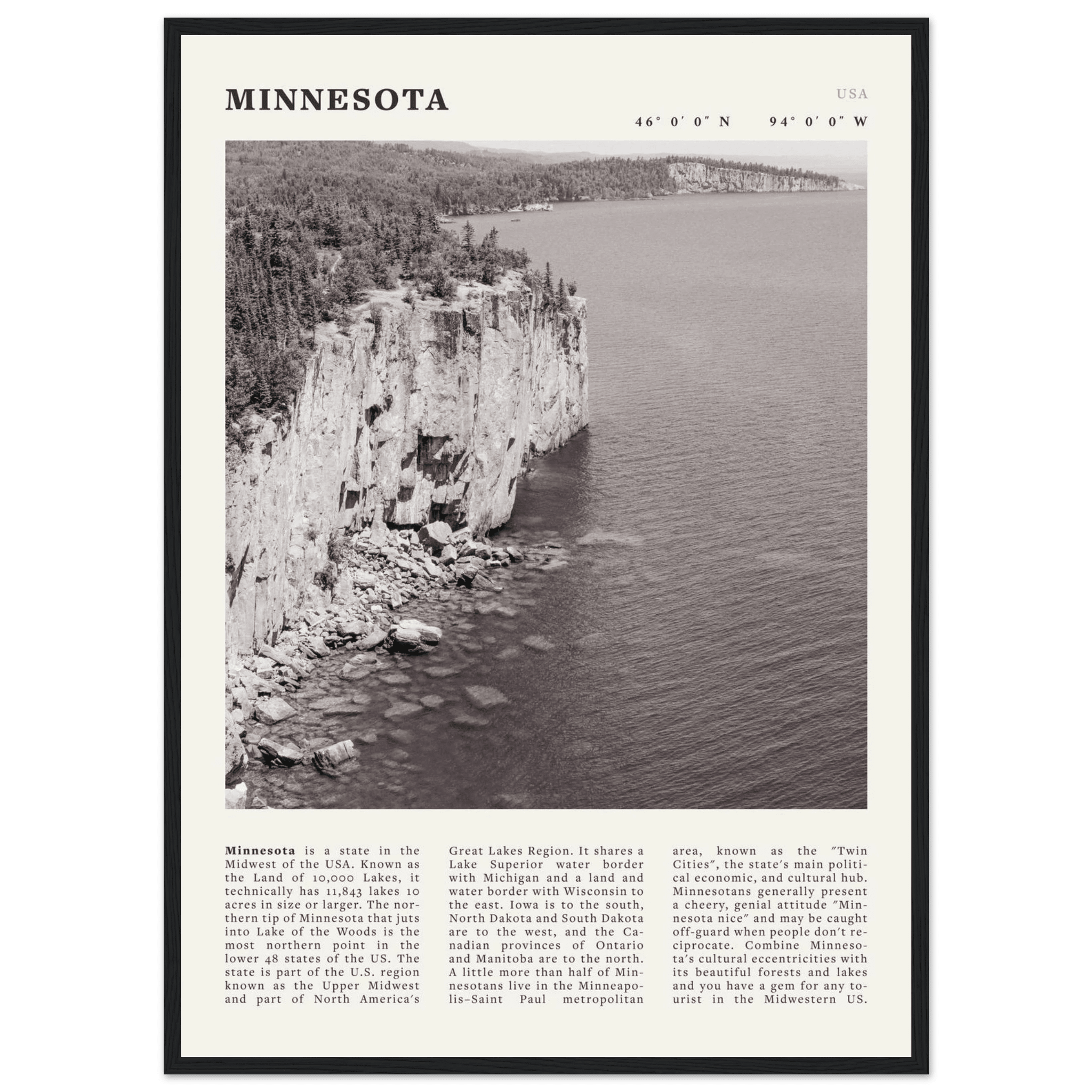 Minnesota Poster | Black & White Lake Superior Wall Art | USA Nature Travel Print - Evergreen Posters