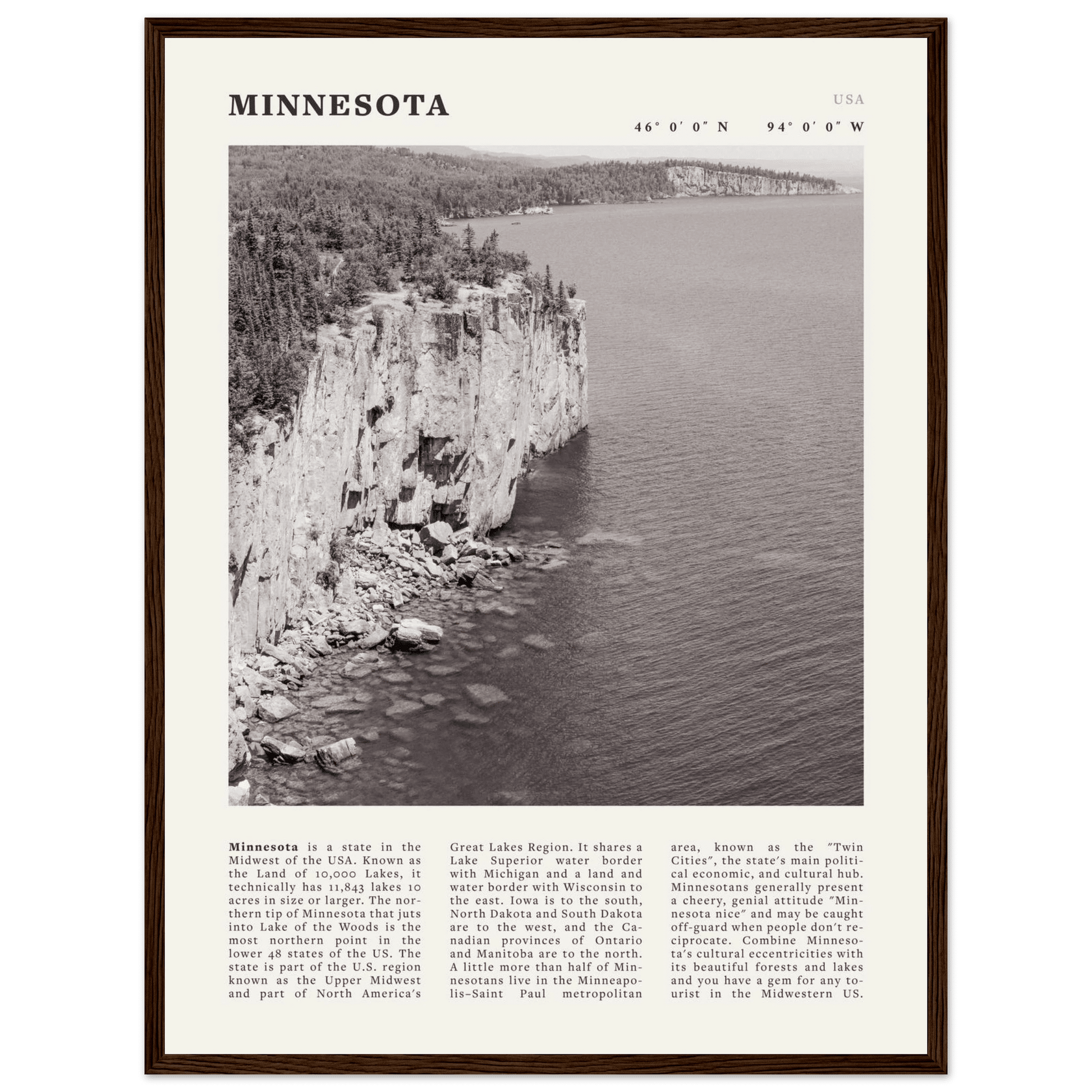 Minnesota Poster | Black & White Lake Superior Wall Art | USA Nature Travel Print - Evergreen Posters