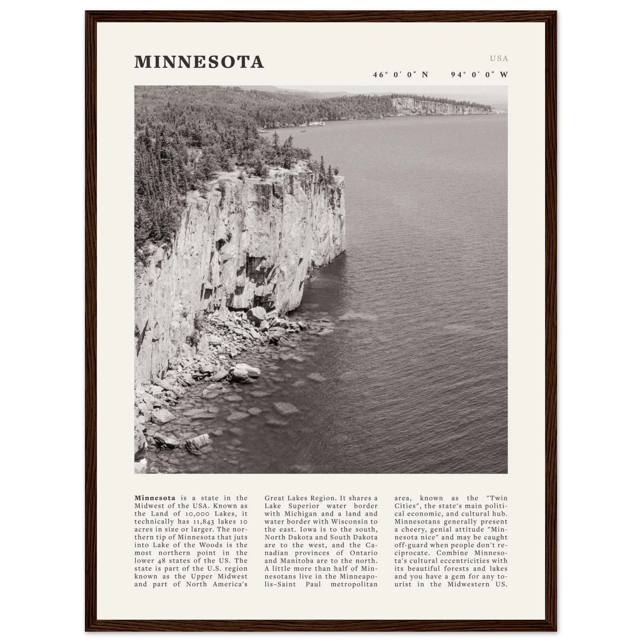 Minnesota Poster | Black & White Lake Superior Wall Art | USA Nature Travel Print - Evergreen Posters