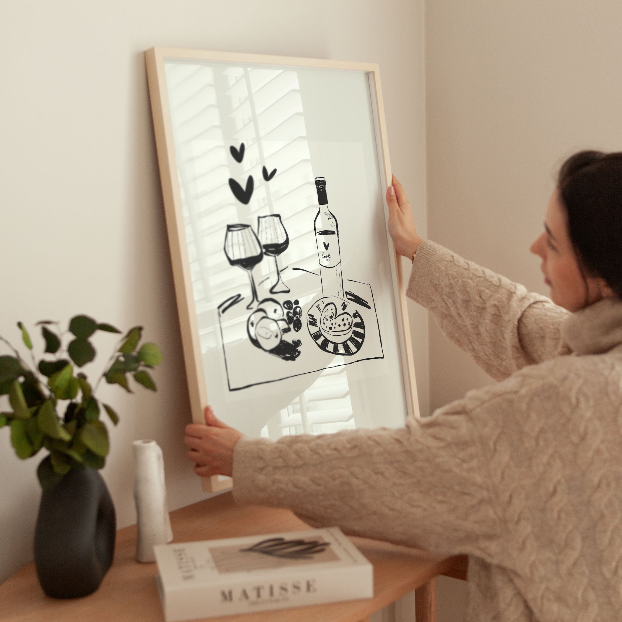 Wine for Two Print | Black Line Art Romantic Kitchen Wall Art | Couples Poster - Evergreen Posters