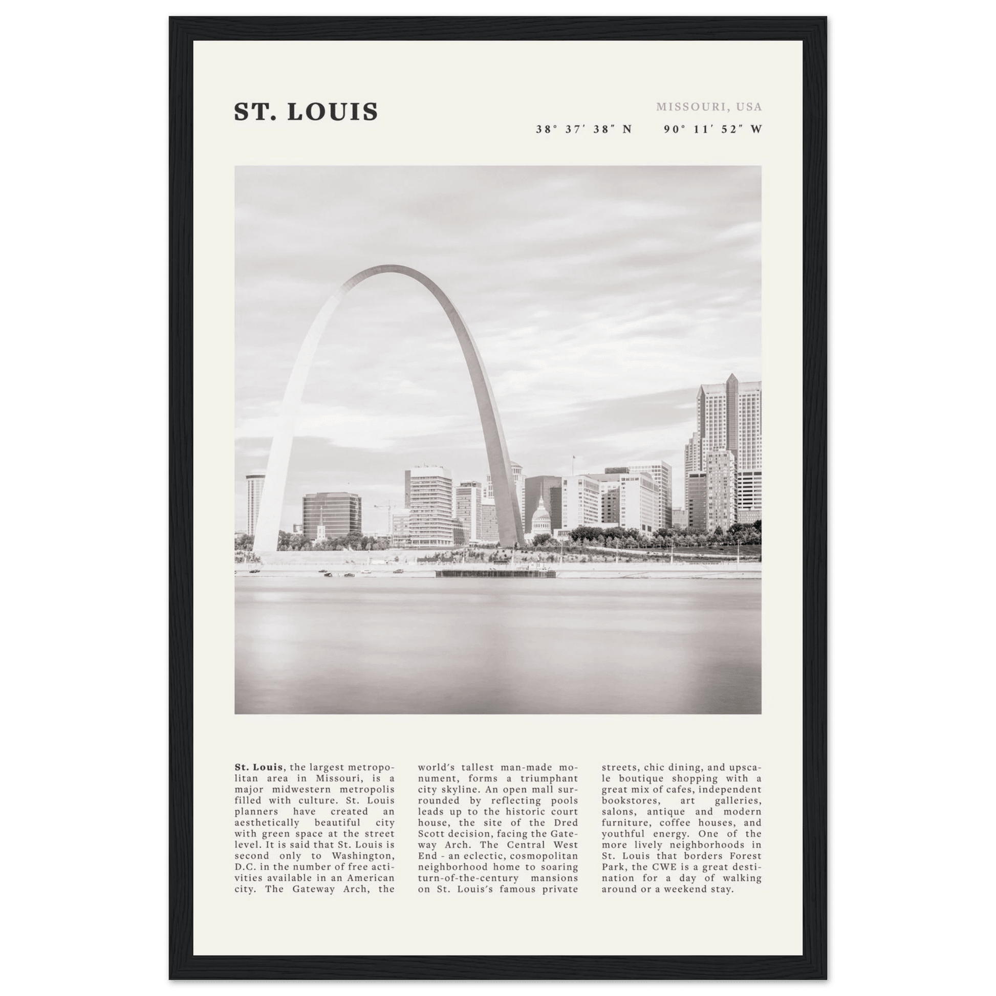 St. Louis Poster | Black & White Gateway Arch Wall Art | Missouri Travel Print - Evergreen Posters