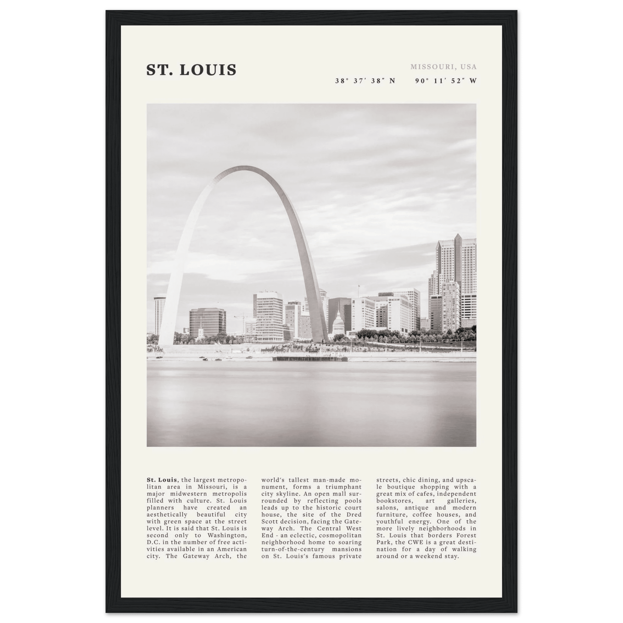 St. Louis Poster | Black & White Gateway Arch Wall Art | Missouri Travel Print - Evergreen Posters