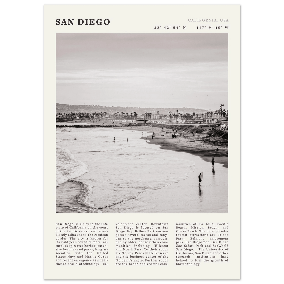 San Diego Poster | Black & White California Beach Wall Art | Coastal Travel Print Decor - Evergreen Posters