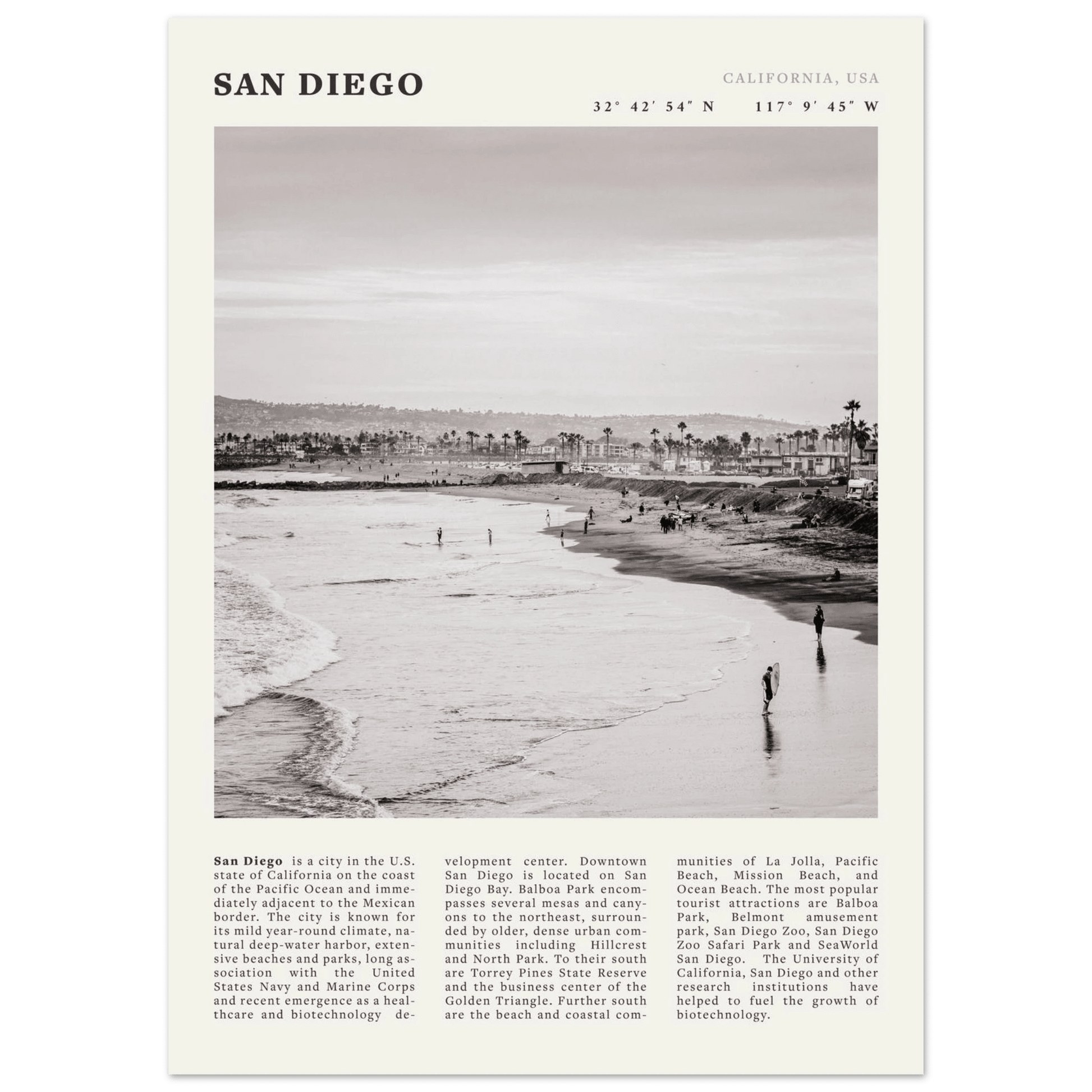 San Diego Poster | Black & White California Beach Wall Art | Coastal Travel Print Decor - Evergreen Posters