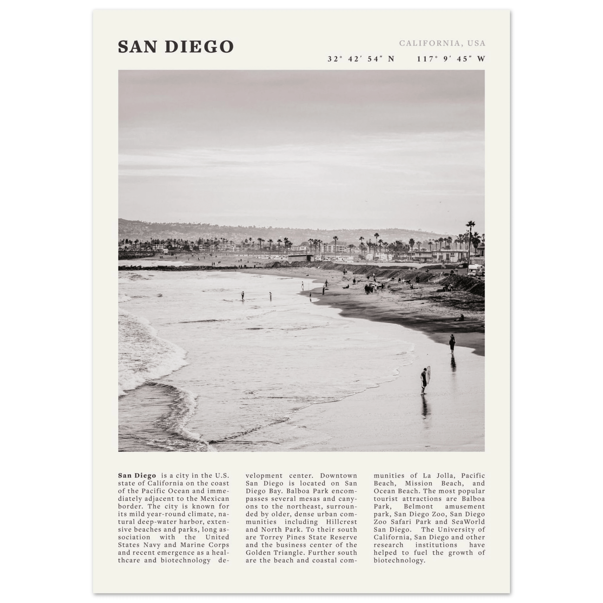 San Diego Poster | Black & White California Beach Wall Art | Coastal Travel Print Decor - Evergreen Posters