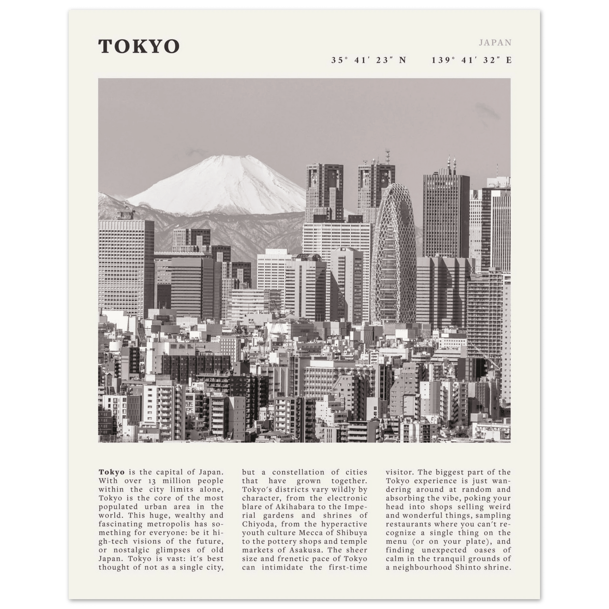 Tokyo Poster | Black & White Mount Fuji Skyline Wall Art | Japan Travel Print - Evergreen Posters