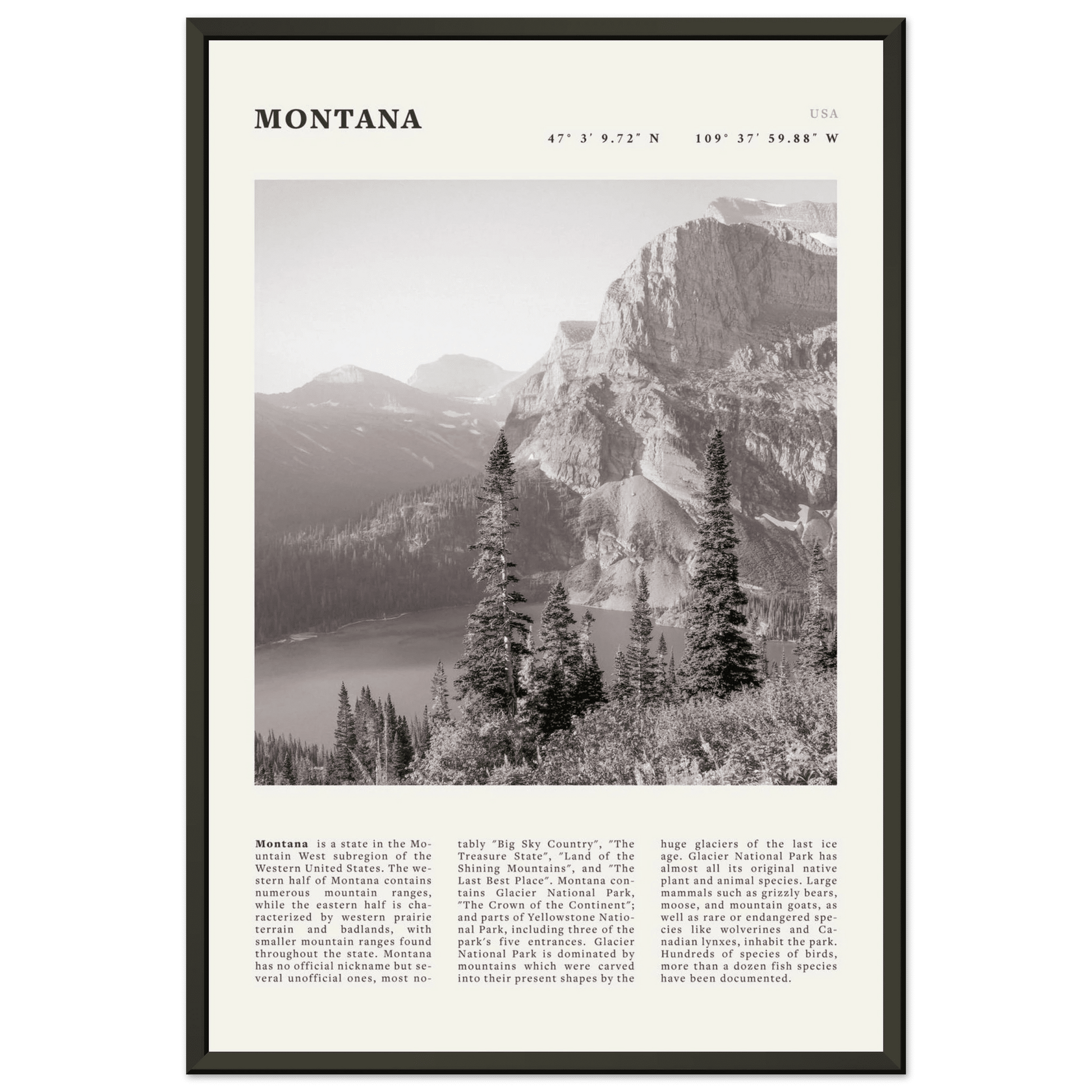 Montana Poster | Black & White Glacier National Park Wall Art | Nature Travel Print - Evergreen Posters