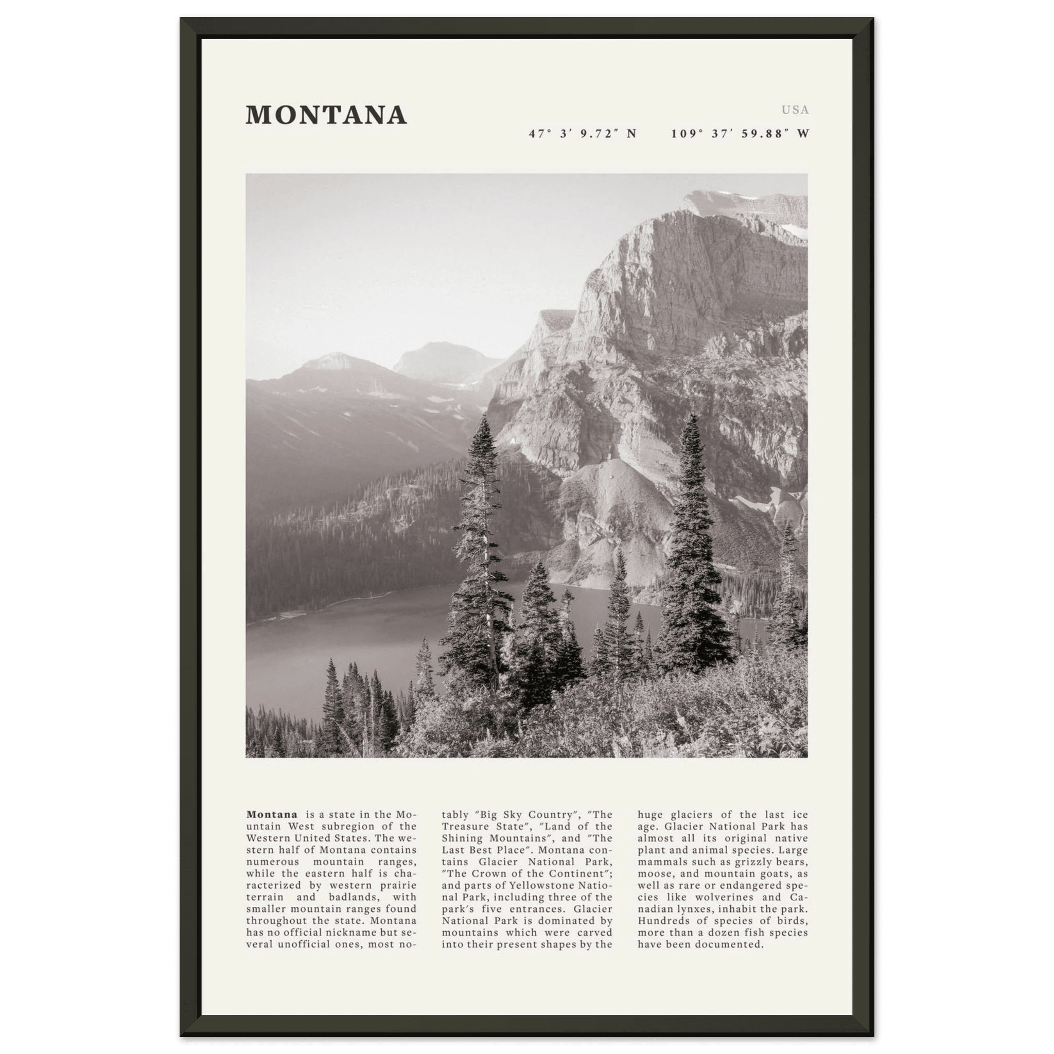 Montana Poster | Black & White Glacier National Park Wall Art | Nature Travel Print - Evergreen Posters