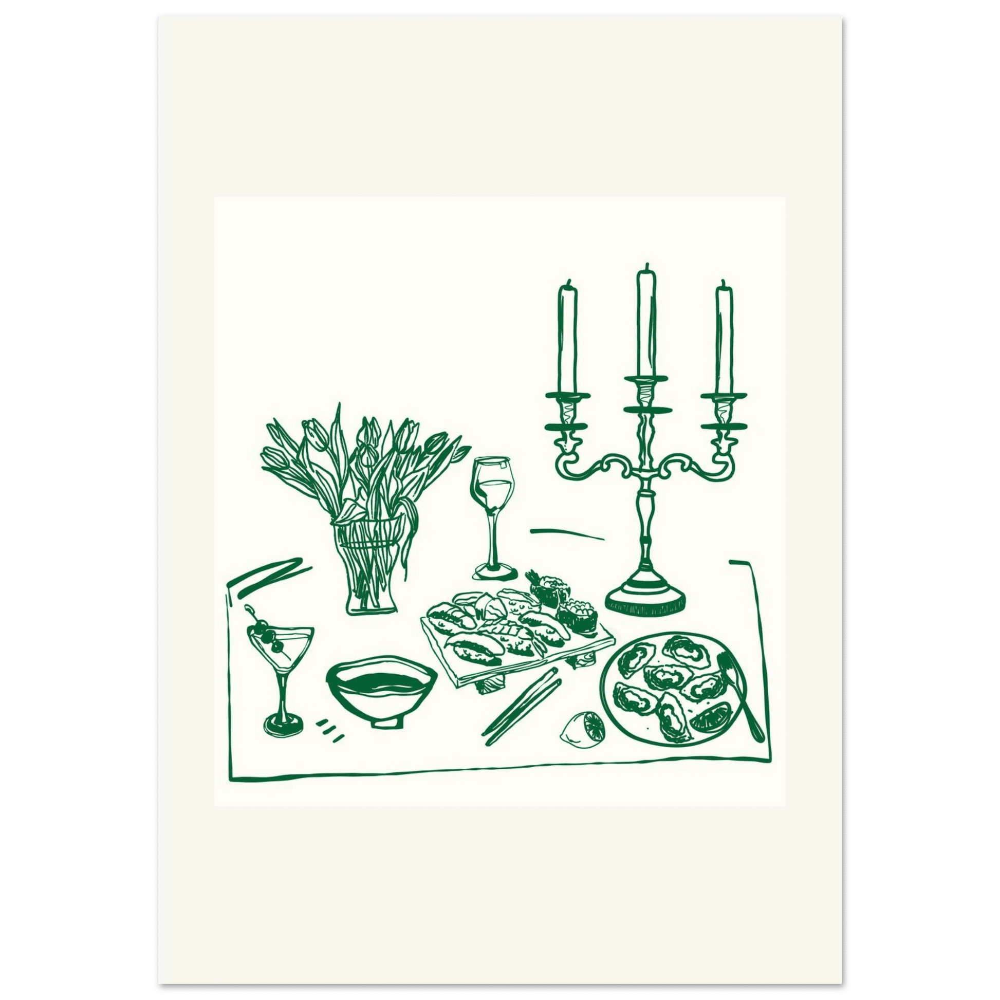 Fine Dining Table Print | Green Line Art Kitchen Wall Art | Elegant Dining Room Poster - Evergreen Posters