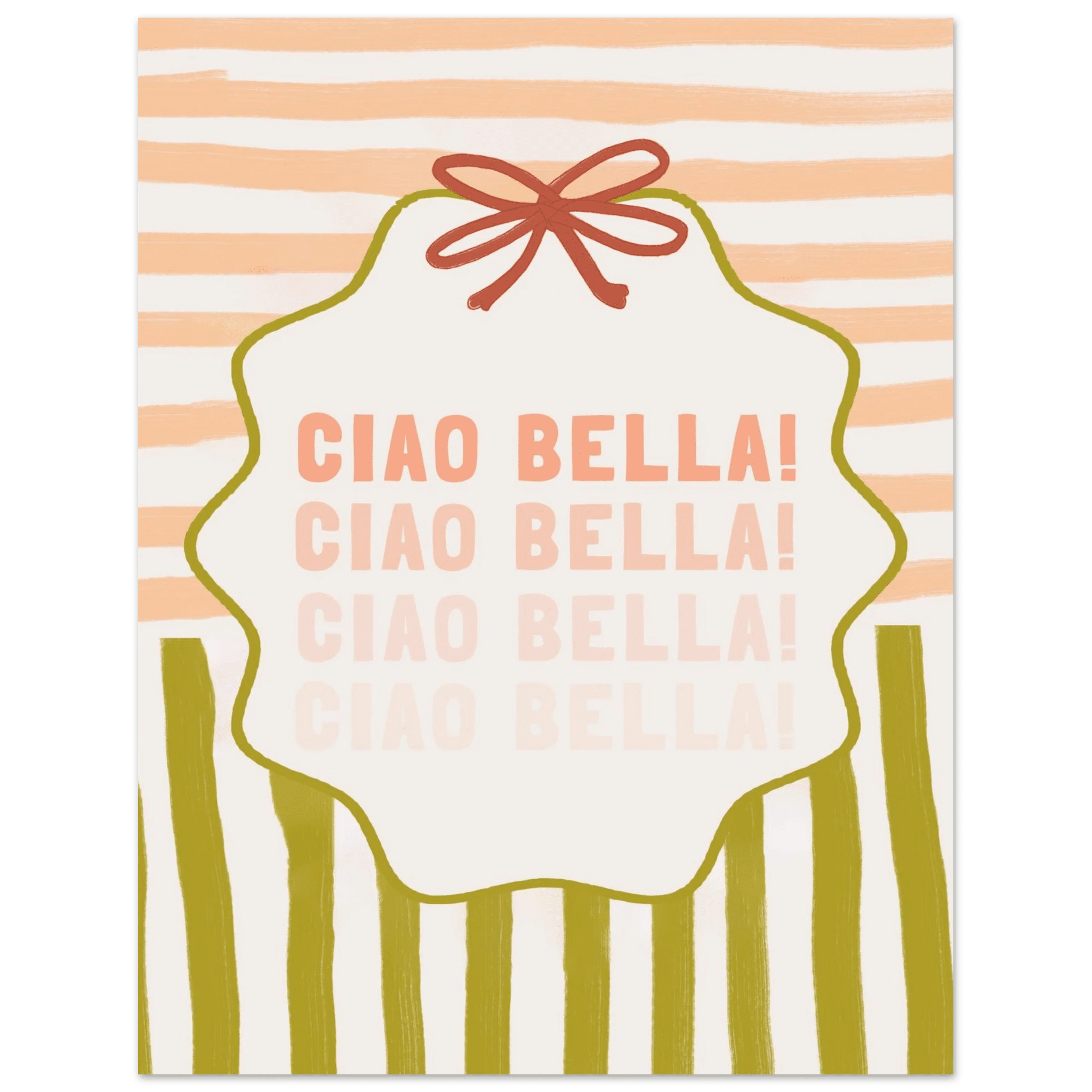 Ciao Bella Poster | Italian Typography Wall Art | Retro Stripe Bow Print | Cute Room Decor - Evergreen Posters