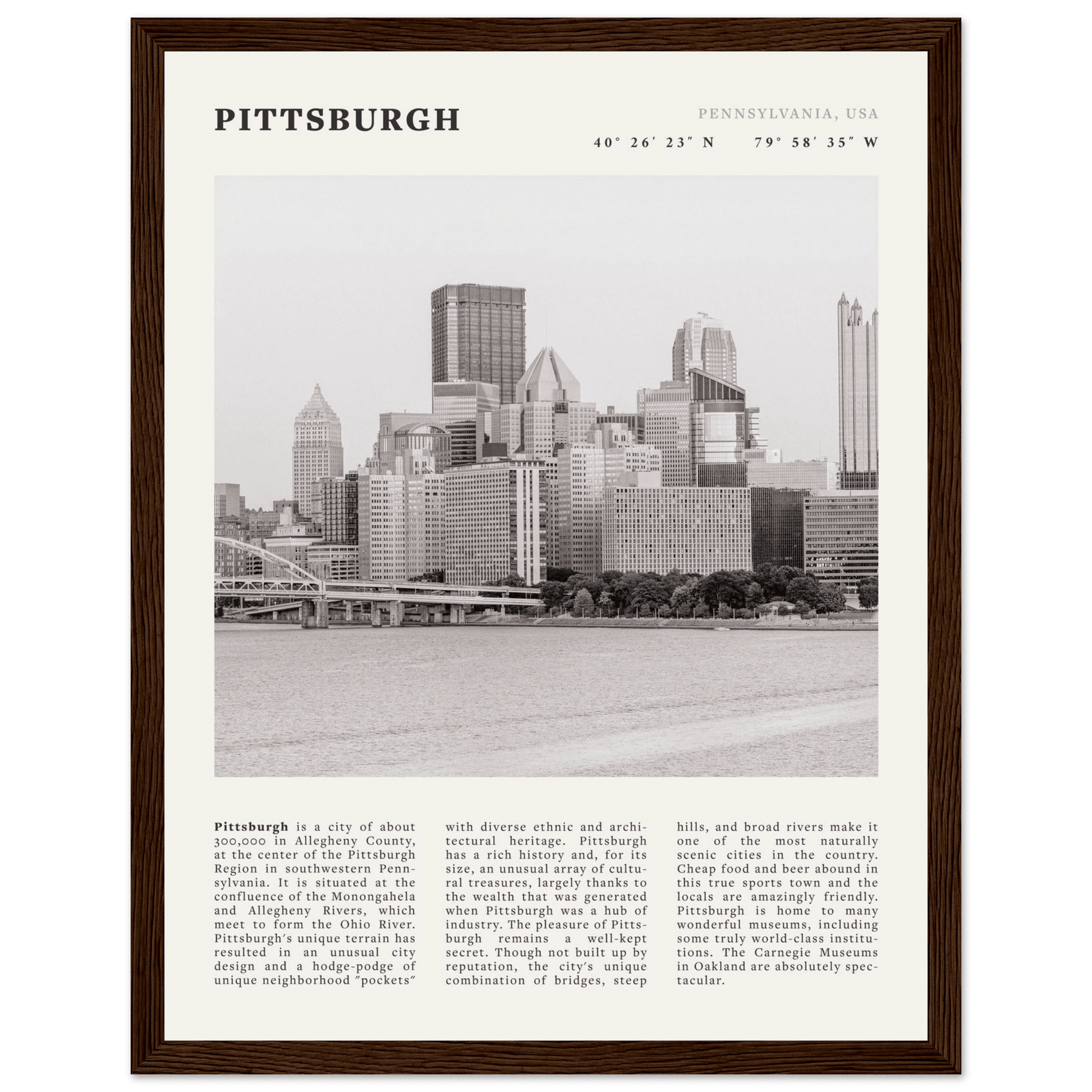 Pittsburgh Poster | Black & White Pennsylvania Skyline Wall Art | PA Travel Print - Evergreen Posters