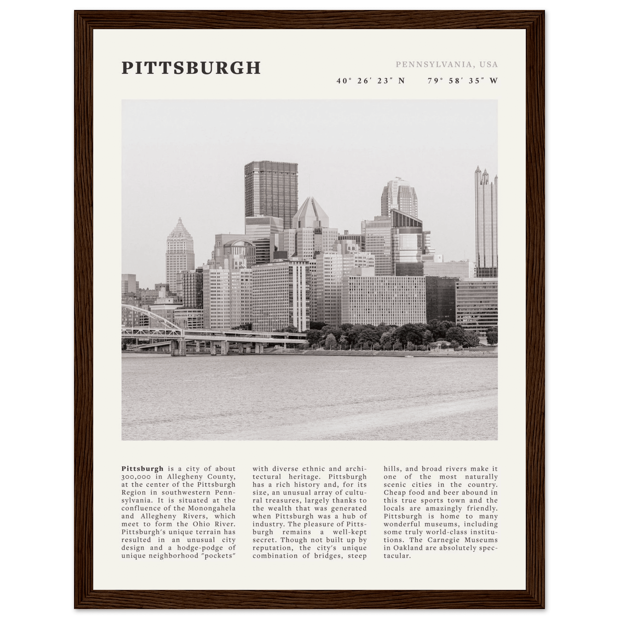 Pittsburgh Poster | Black & White Pennsylvania Skyline Wall Art | PA Travel Print - Evergreen Posters