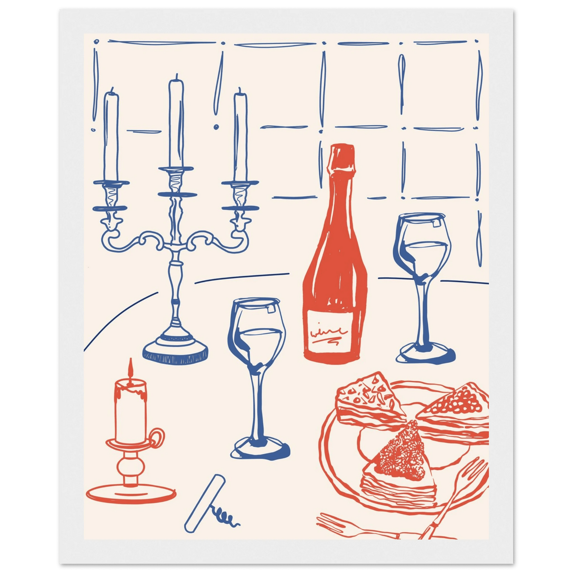 Candlelight Dinner Print | Wine & Candelabra Line Art Wall Art | Kitchen Poster - Evergreen Posters