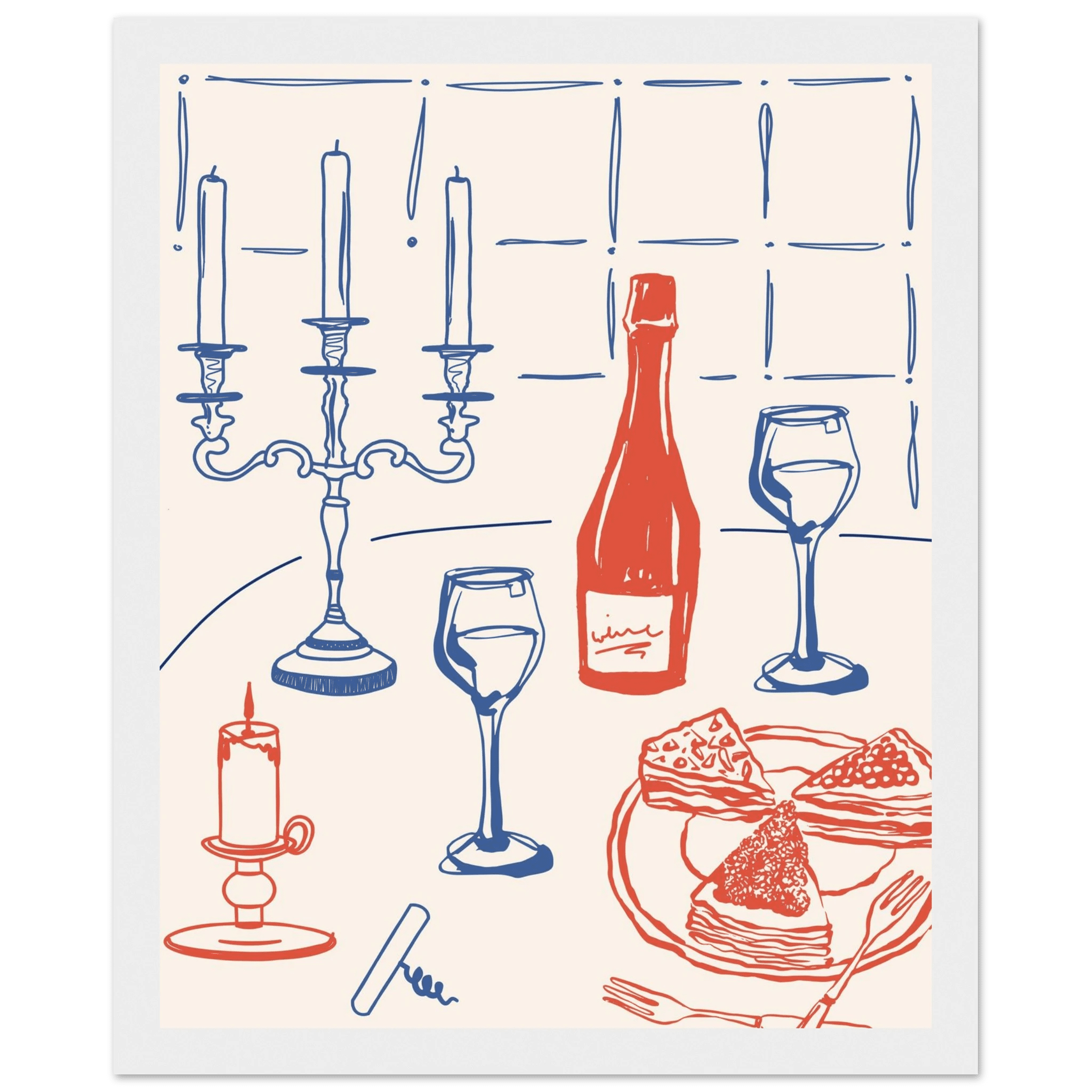 Candlelight Dinner Print | Wine & Candelabra Line Art Wall Art | Kitchen Poster - Evergreen Posters