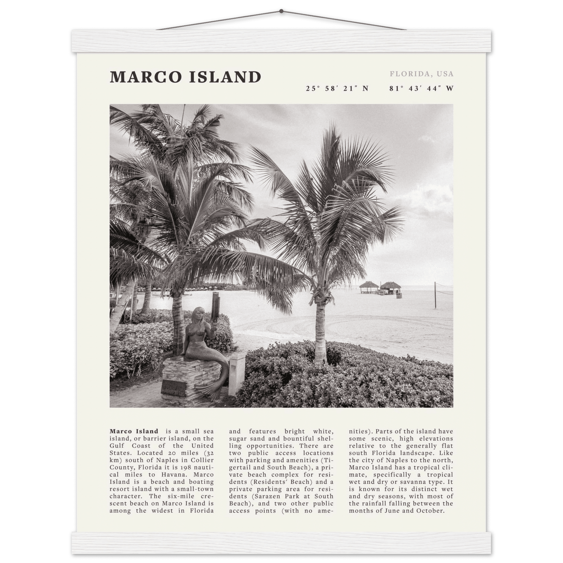 Marco Island Poster | Black & White Florida Beach Wall Art | Coastal Travel Print - Evergreen Posters