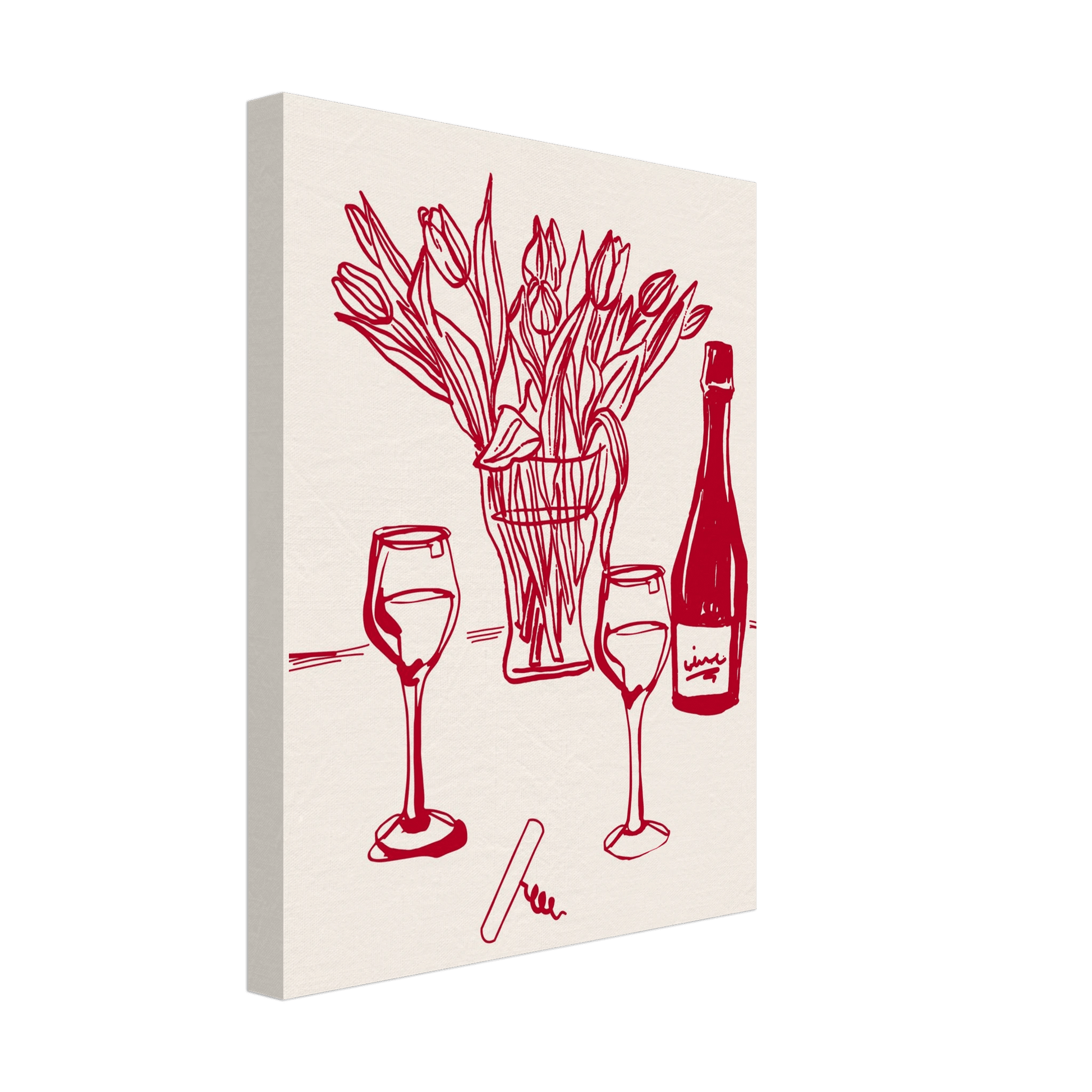 Red Wine & Tulips Print | Line Art Wine Bottle Wall Art | Kitchen Poster - Evergreen Posters