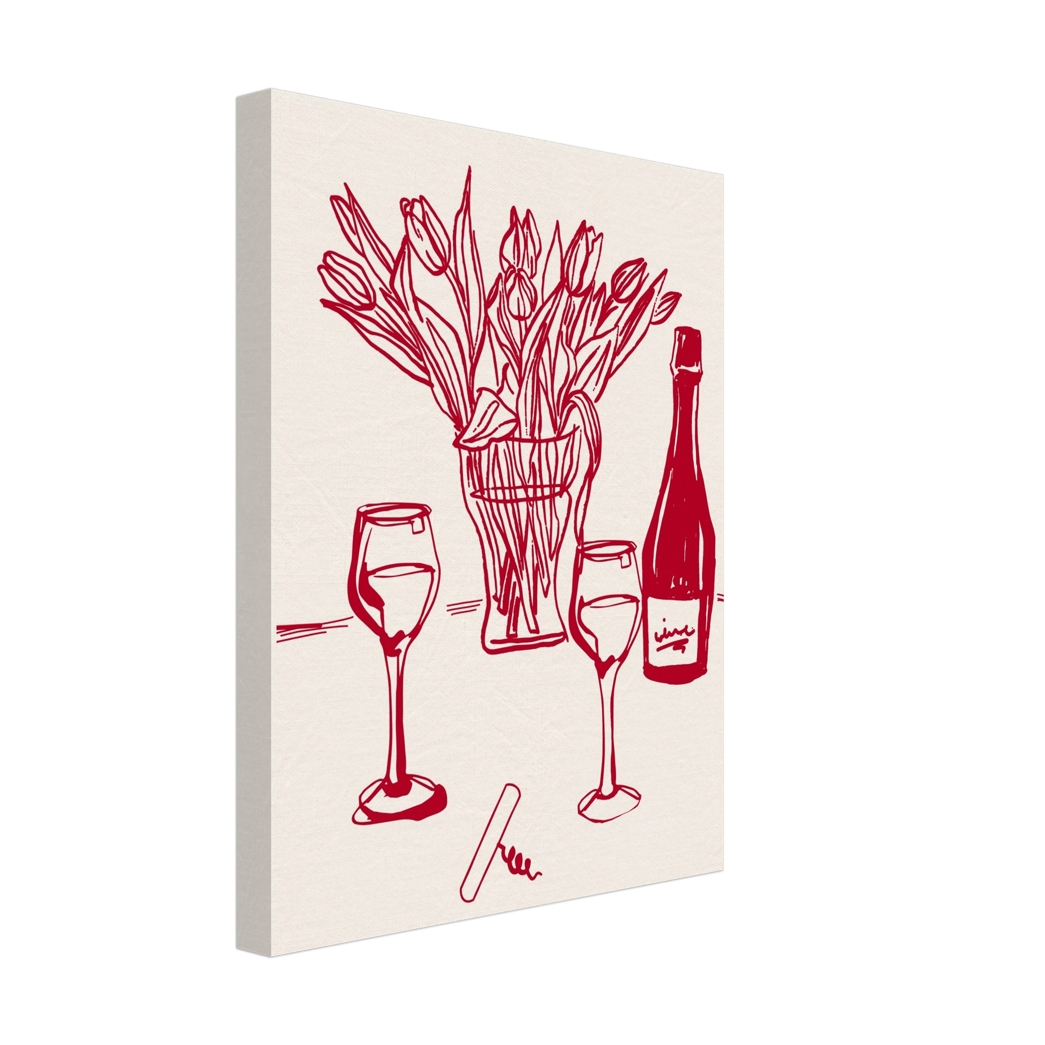Red Wine & Tulips Print | Line Art Wine Bottle Wall Art | Kitchen Poster - Evergreen Posters