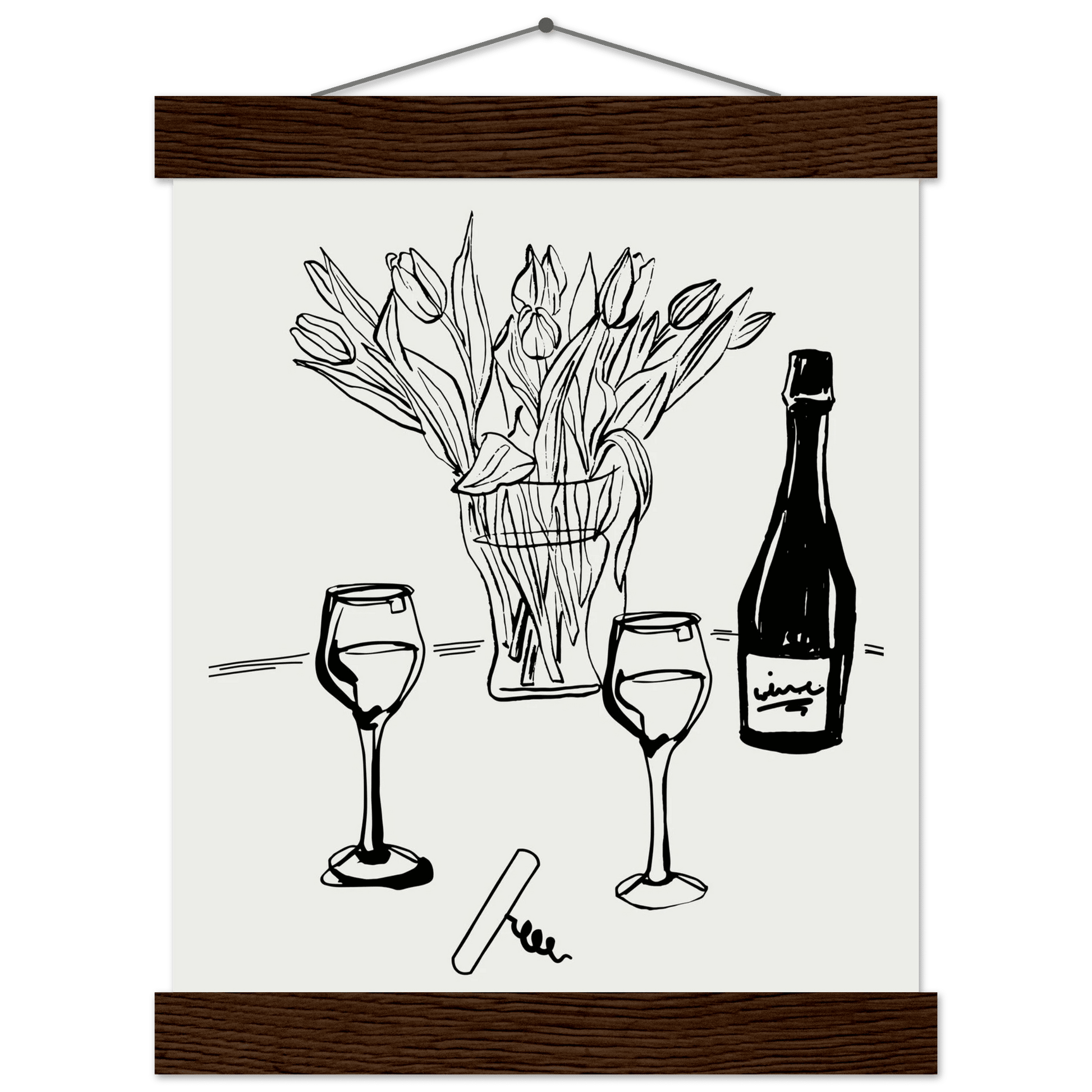 Wine & Tulips Print | Black Line Art Wine Bottle Wall Art | Minimalist Kitchen Poster - Evergreen Posters