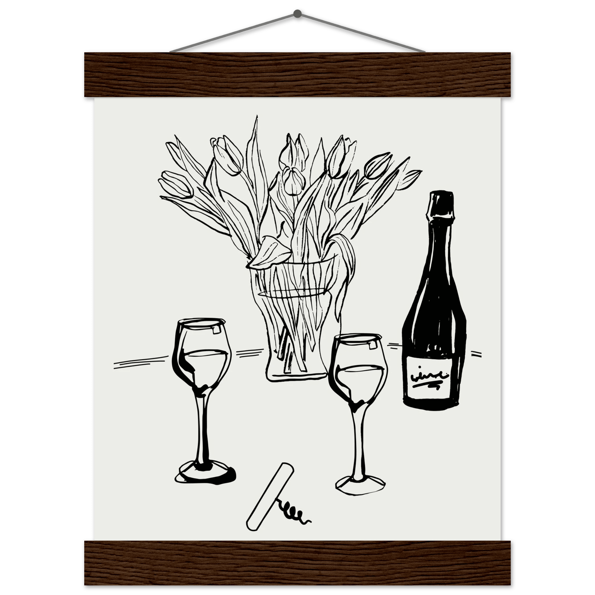 Wine & Tulips Print | Black Line Art Wine Bottle Wall Art | Minimalist Kitchen Poster - Evergreen Posters
