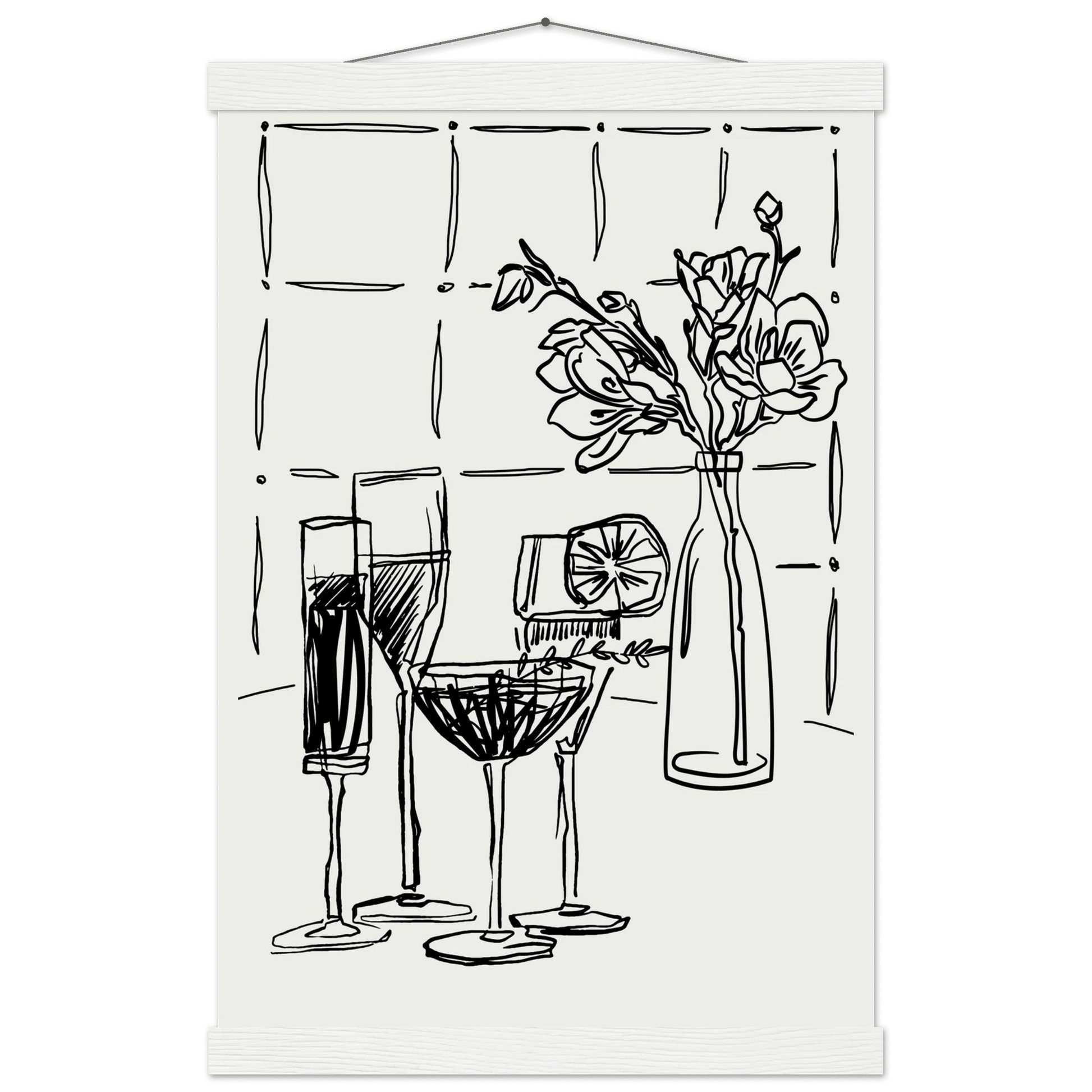 Cocktails & Flowers Print | Black Line Art Drinks Wall Art | Kitchen Bar Poster - Evergreen Posters